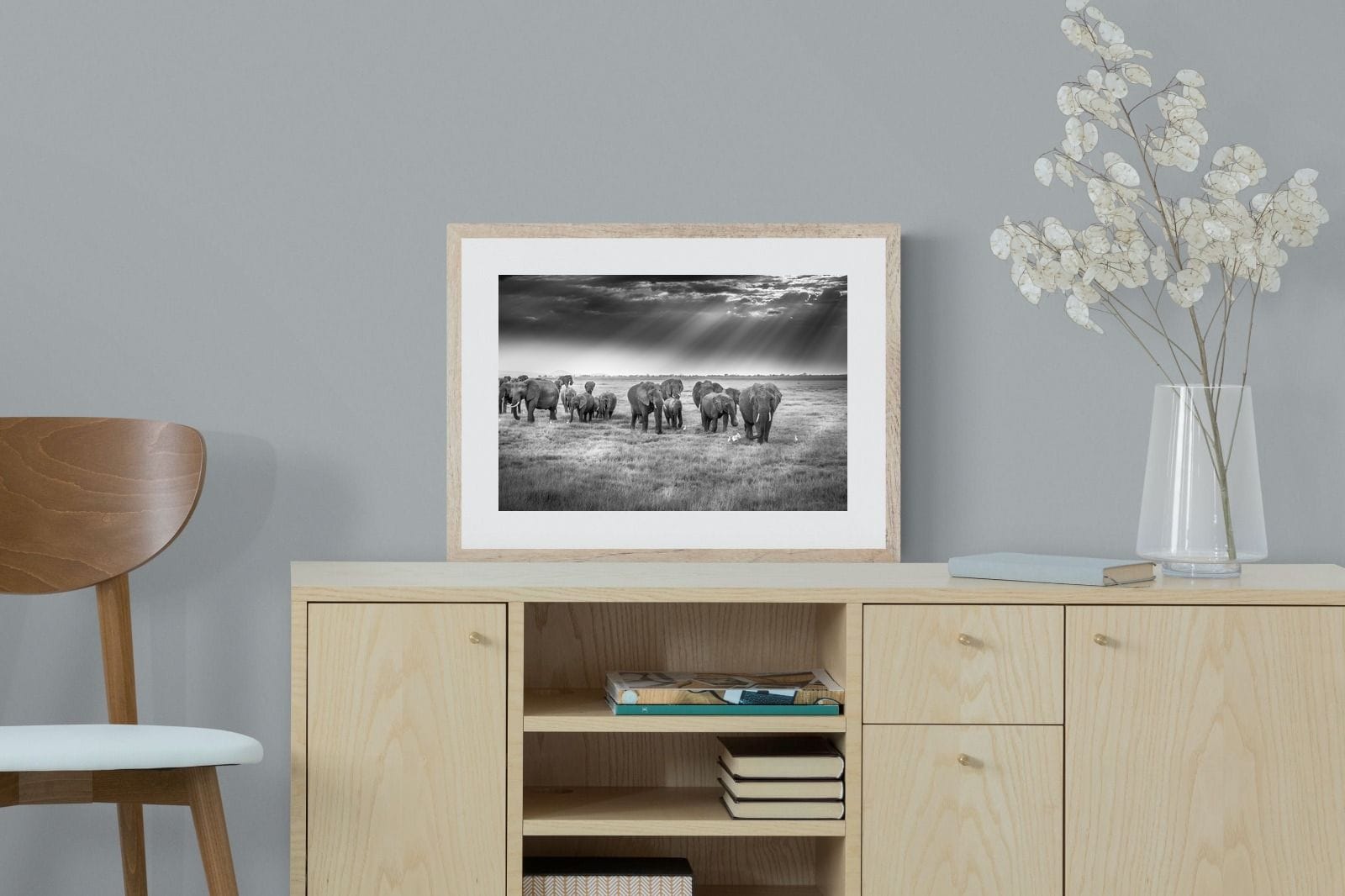 Grazing Elephants-Wall_Art-60 x 45cm-Framed Print-Wood-Pixalot
