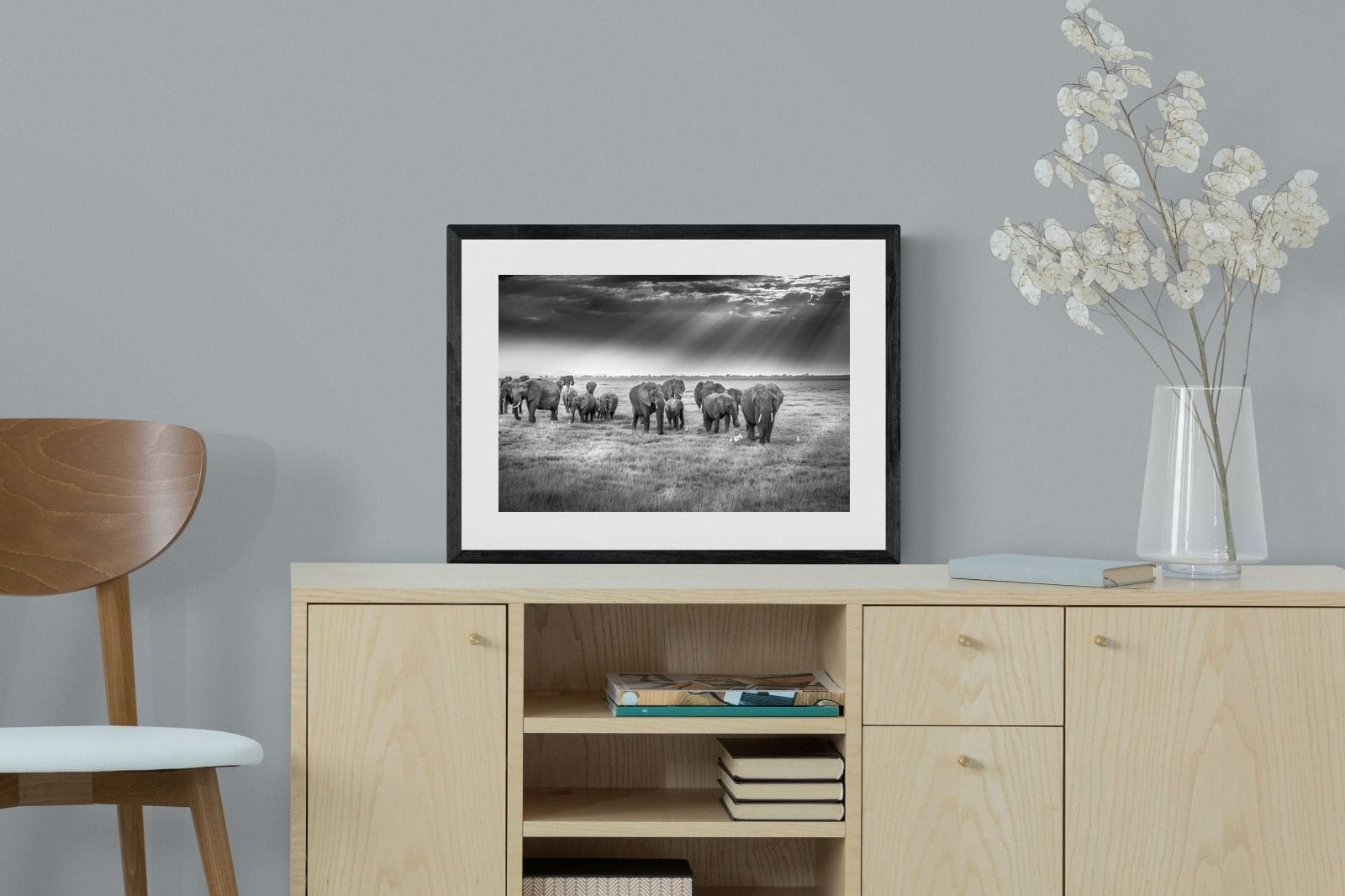 Grazing Elephants-Wall_Art-60 x 45cm-Framed Print-Black-Pixalot