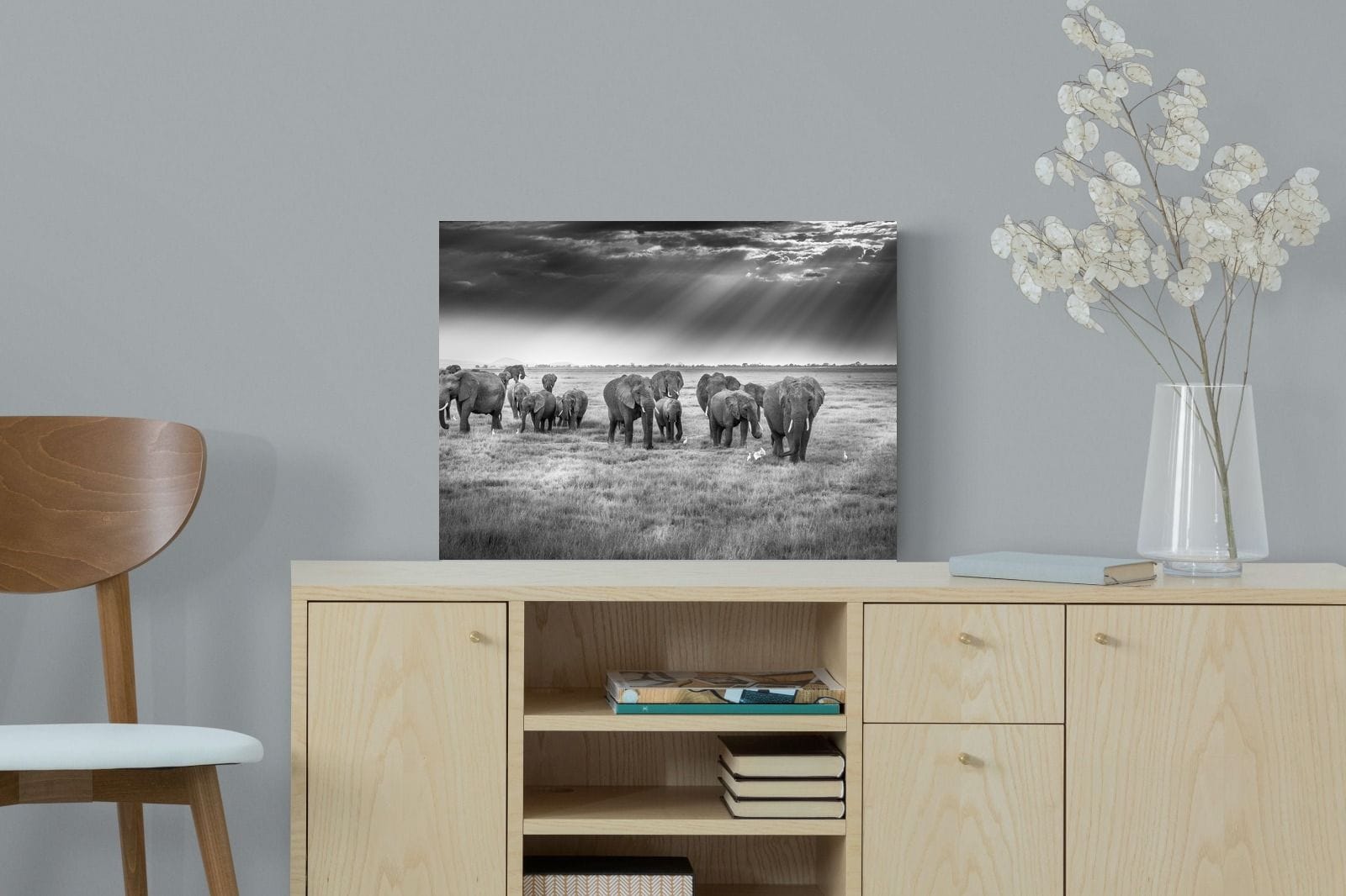Grazing Elephants-Wall_Art-60 x 45cm-Mounted Canvas-No Frame-Pixalot