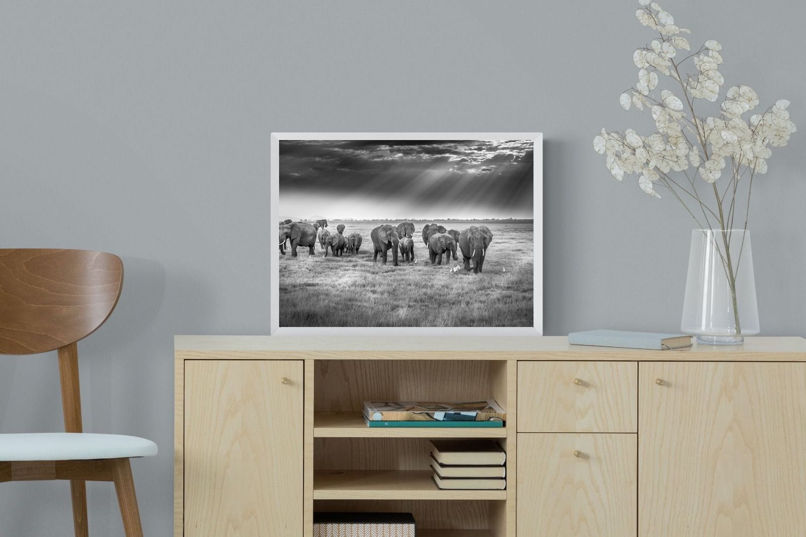 Grazing Elephants-Wall_Art-60 x 45cm-Mounted Canvas-White-Pixalot