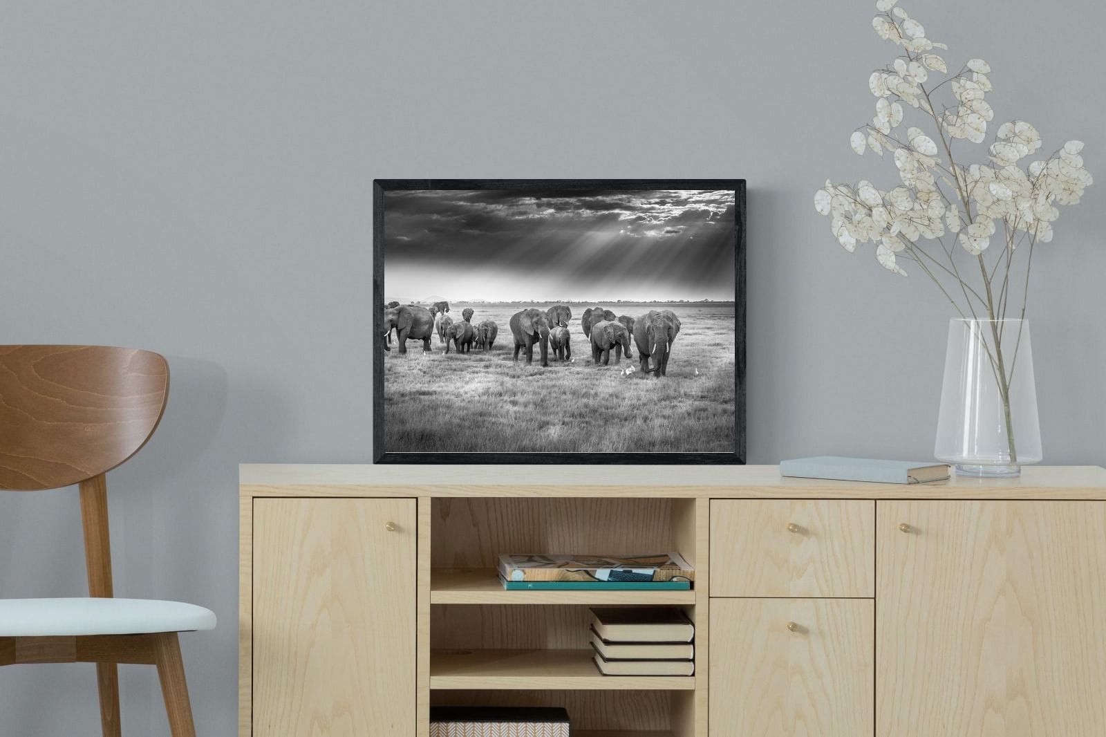 Grazing Elephants-Wall_Art-60 x 45cm-Mounted Canvas-Black-Pixalot