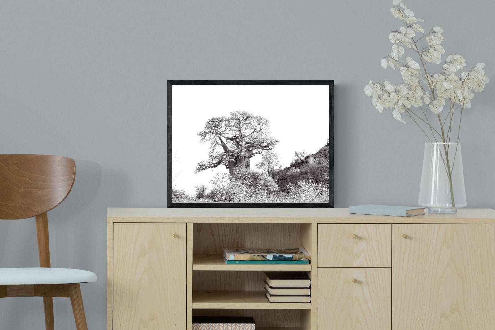 Hillside Baobab-Wall_Art-60 x 45cm-Mounted Canvas-Black-Pixalot