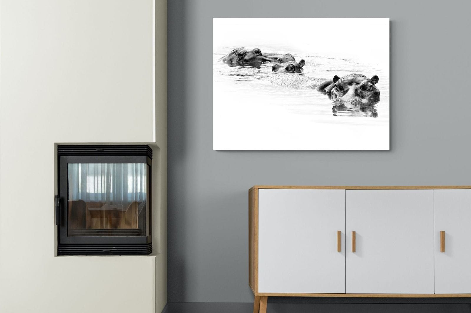 Hippo Trio-Wall_Art-100 x 75cm-Mounted Canvas-No Frame-Pixalot