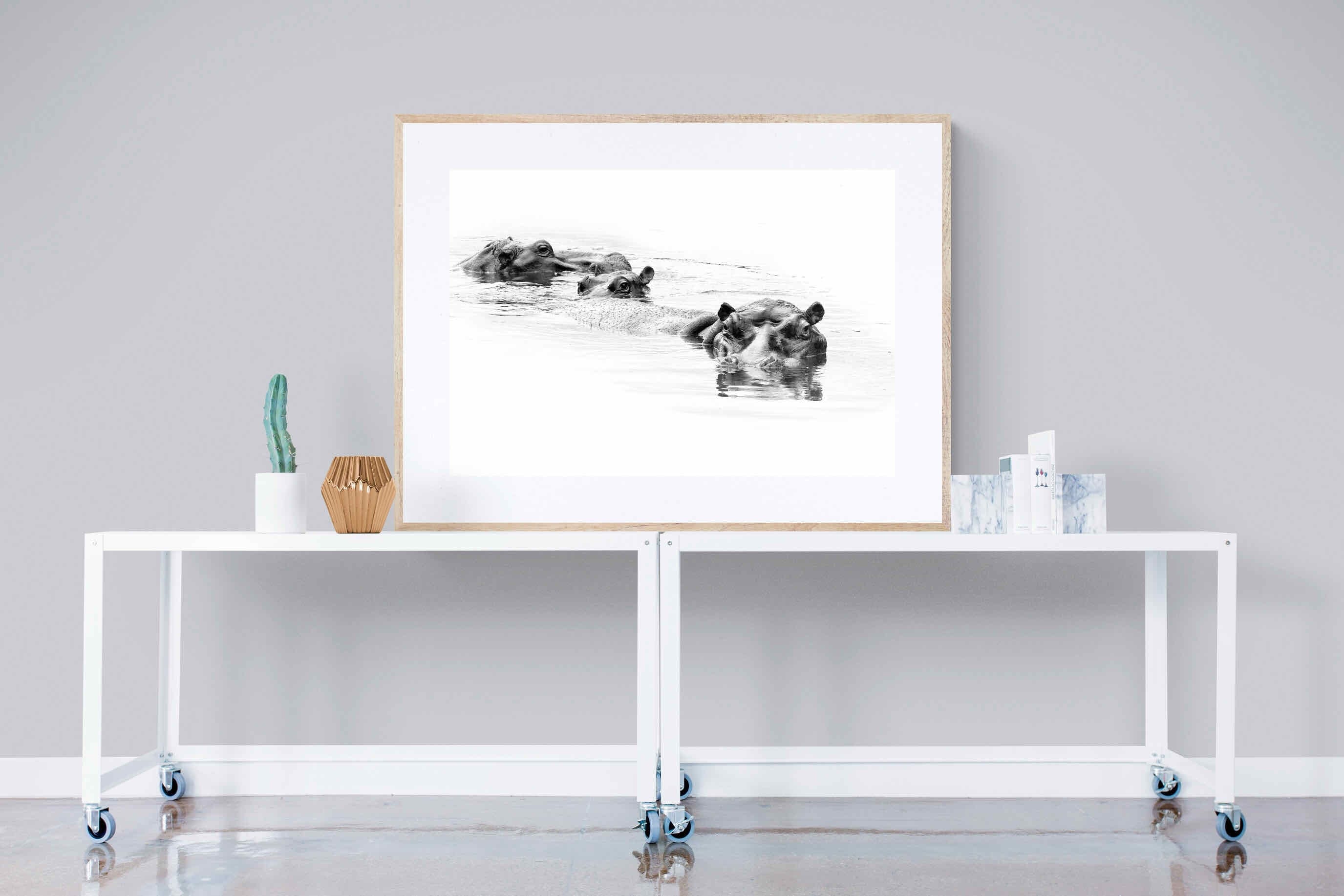Hippo Trio-Wall_Art-120 x 90cm-Framed Print-Wood-Pixalot