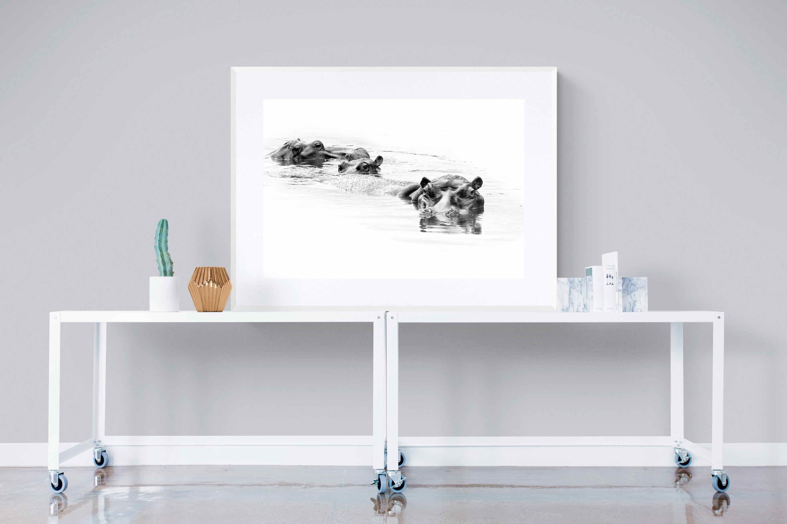 Hippo Trio-Wall_Art-120 x 90cm-Framed Print-White-Pixalot