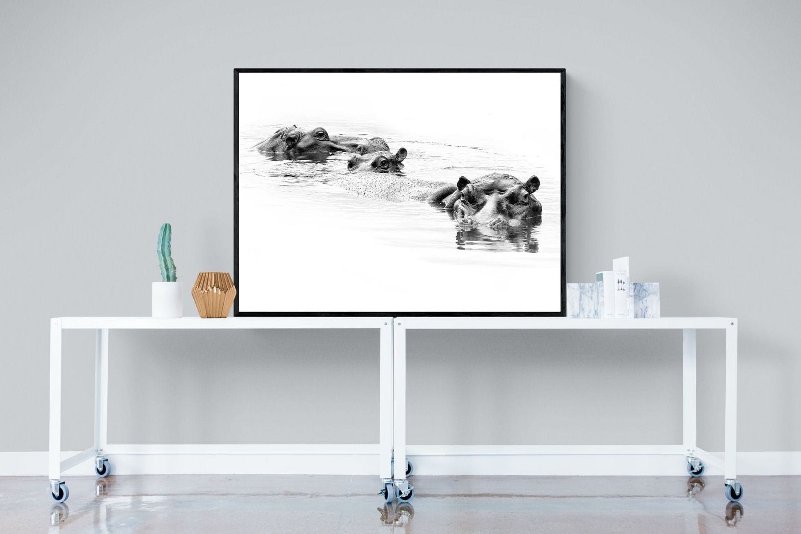 Hippo Trio-Wall_Art-120 x 90cm-Mounted Canvas-Black-Pixalot