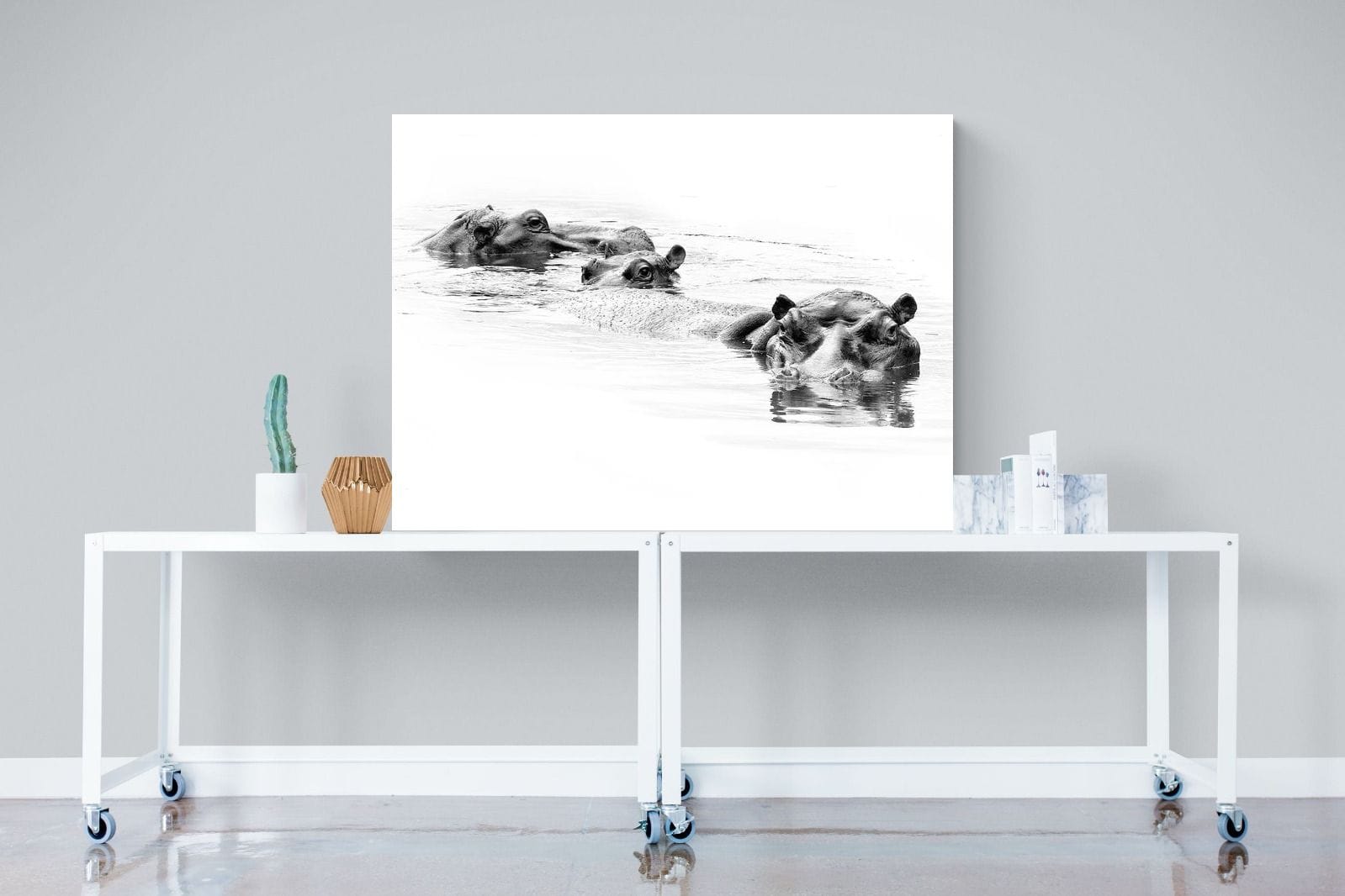 Hippo Trio-Wall_Art-120 x 90cm-Mounted Canvas-No Frame-Pixalot