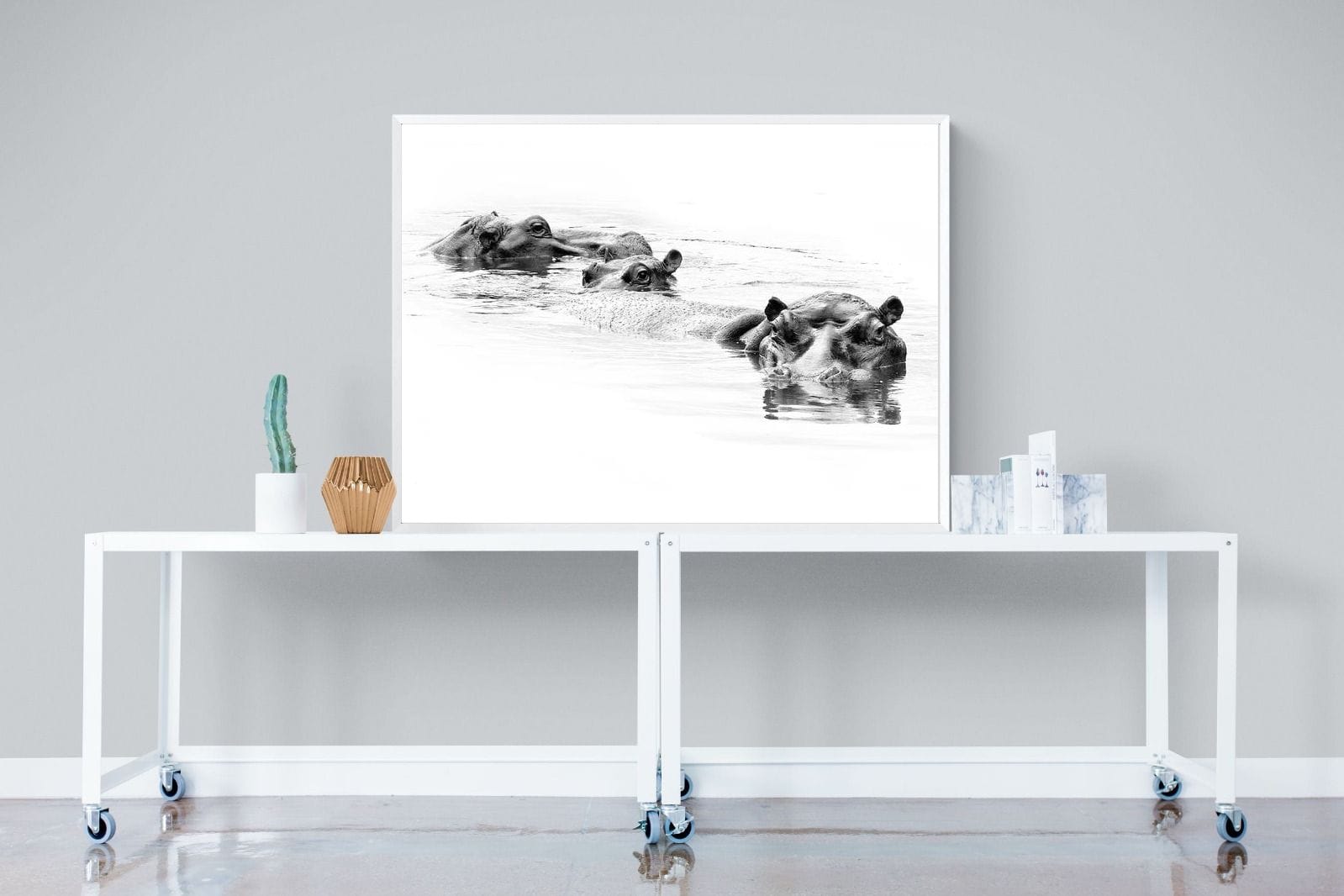 Hippo Trio-Wall_Art-120 x 90cm-Mounted Canvas-White-Pixalot