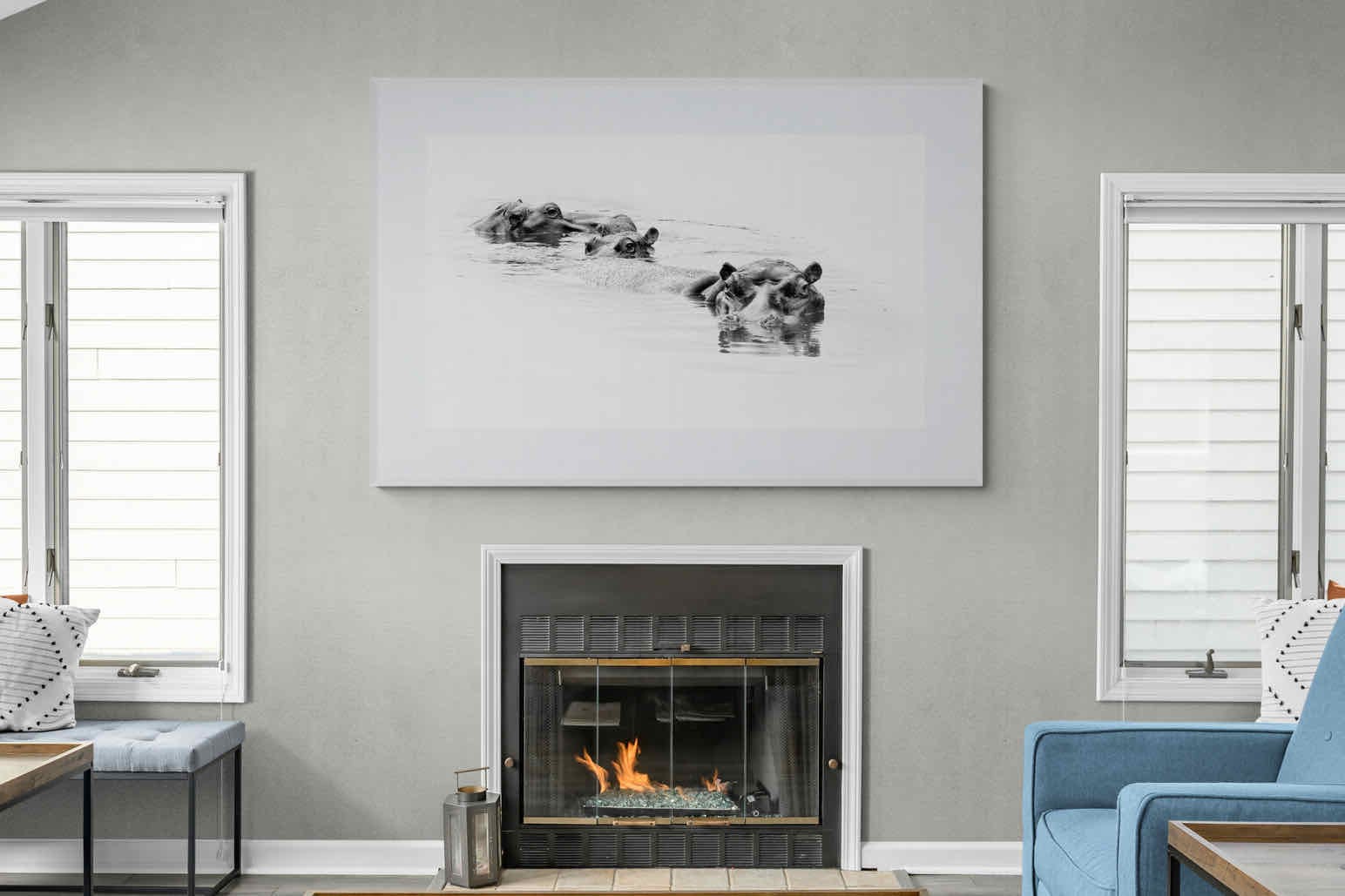 Hippo Trio-Wall_Art-150 x 100cm-Framed Print-White-Pixalot