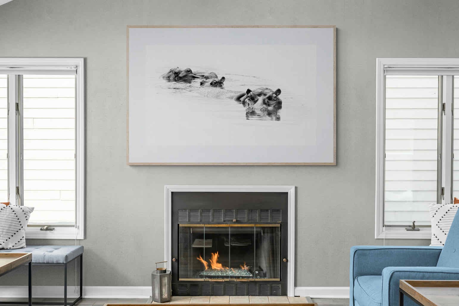 Hippo Trio-Wall_Art-150 x 100cm-Framed Print-Wood-Pixalot