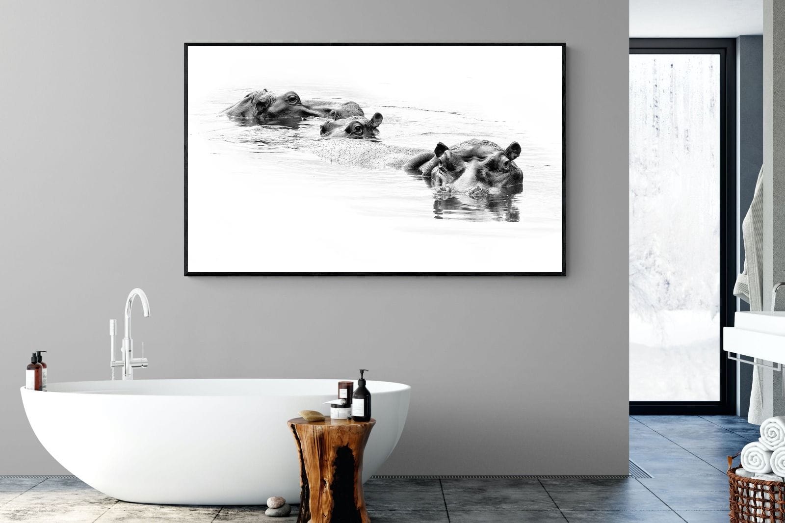 Hippo Trio-Wall_Art-180 x 110cm-Mounted Canvas-Black-Pixalot