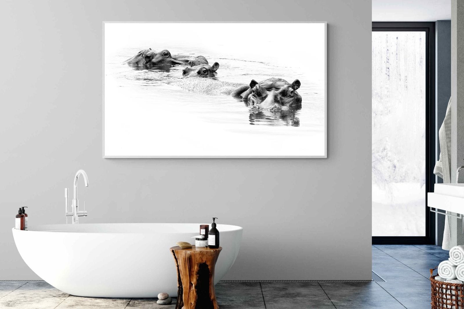 Hippo Trio-Wall_Art-180 x 110cm-Mounted Canvas-White-Pixalot