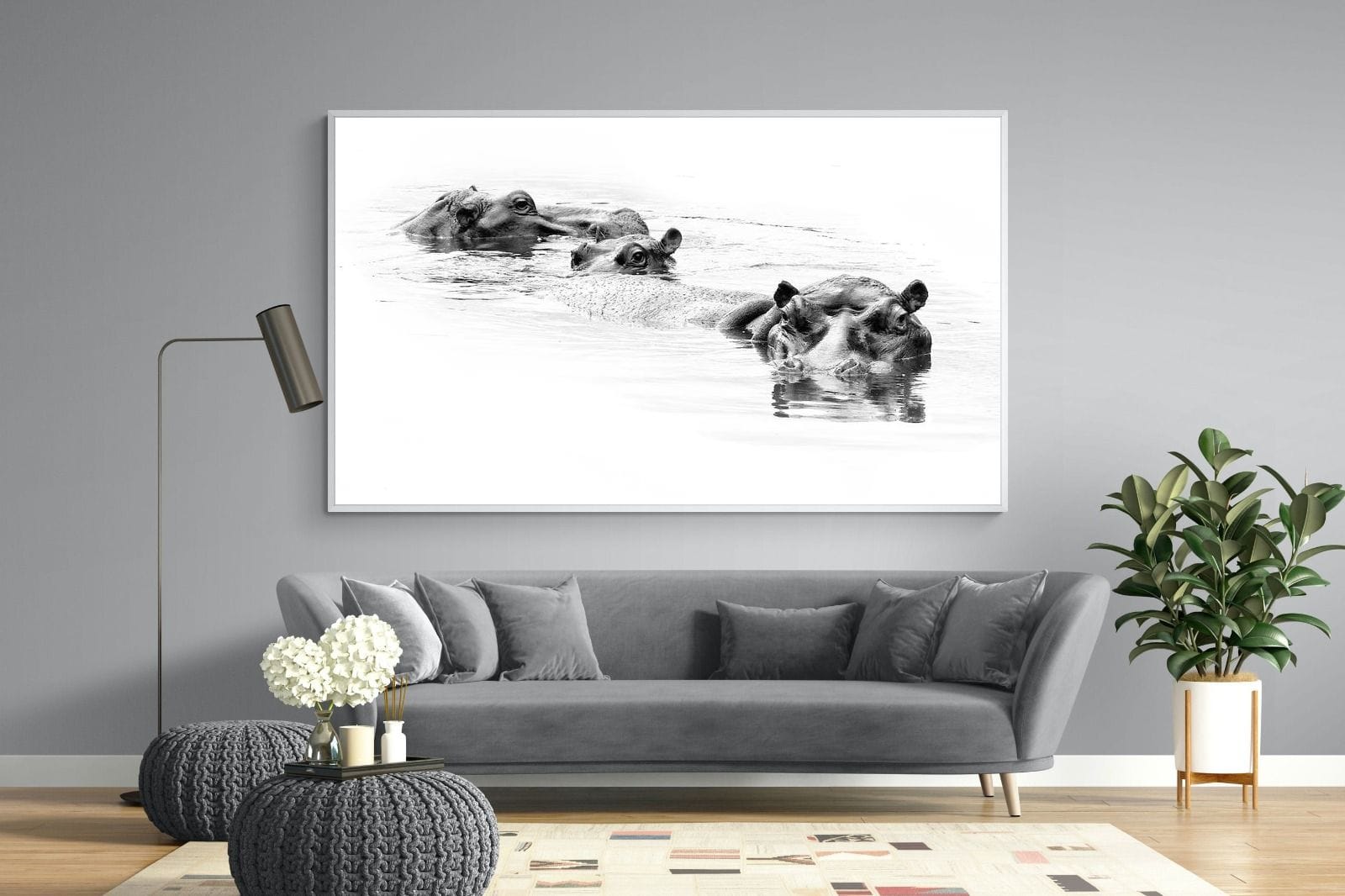 Hippo Trio-Wall_Art-220 x 130cm-Mounted Canvas-White-Pixalot