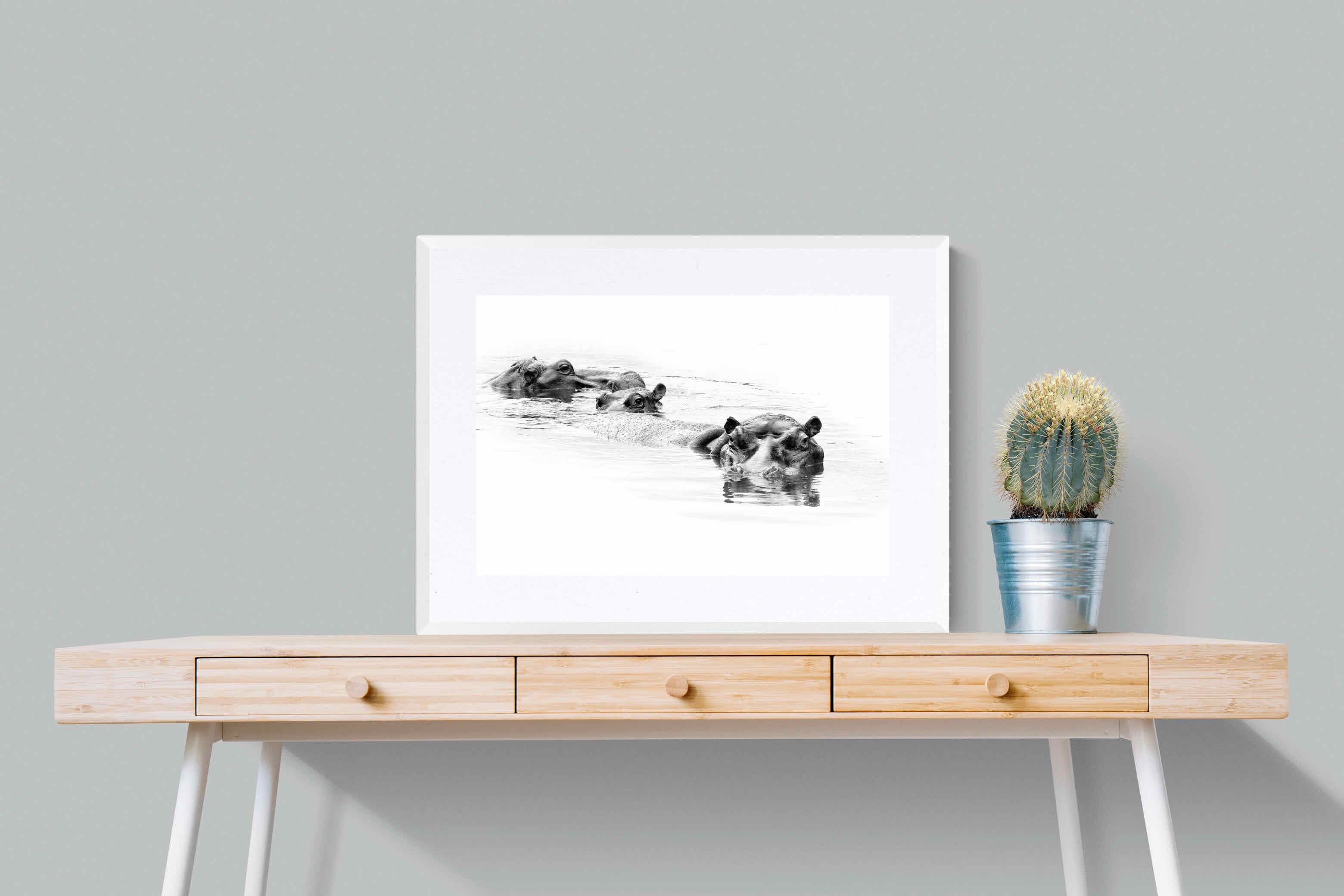 Hippo Trio-Wall_Art-80 x 60cm-Framed Print-White-Pixalot