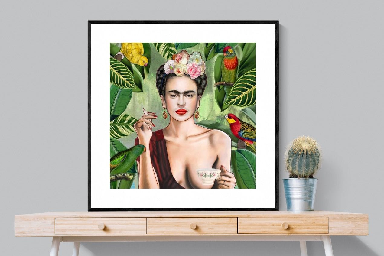 Kahlo Tea & Parrots-Wall_Art-100 x 100cm-Framed Print-Black-Pixalot