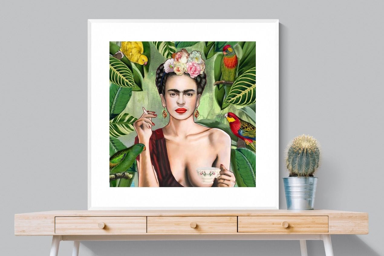 Kahlo Tea & Parrots-Wall_Art-100 x 100cm-Framed Print-White-Pixalot
