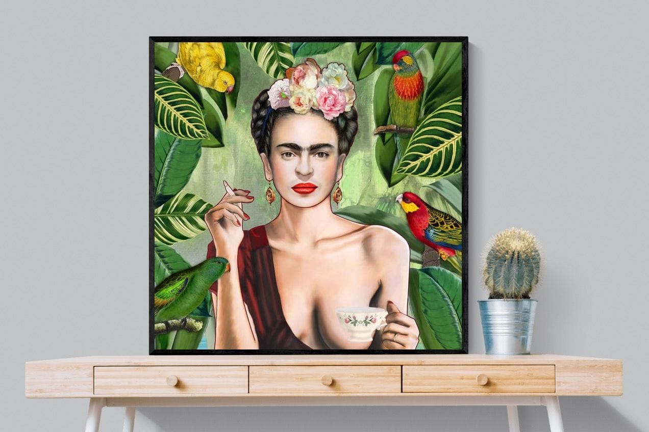 Kahlo Tea & Parrots-Wall_Art-100 x 100cm-Mounted Canvas-Black-Pixalot