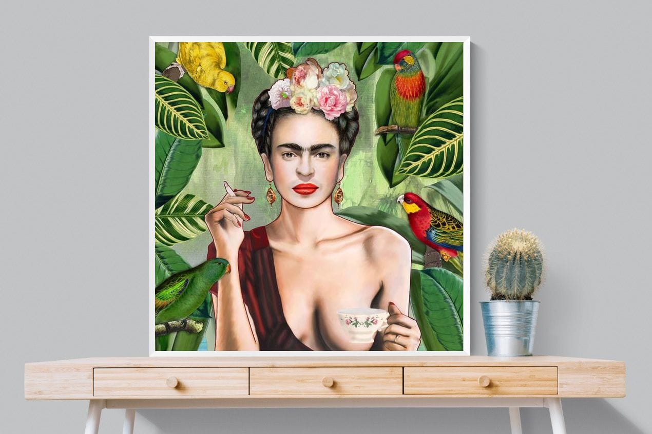 Kahlo Tea & Parrots-Wall_Art-100 x 100cm-Mounted Canvas-White-Pixalot
