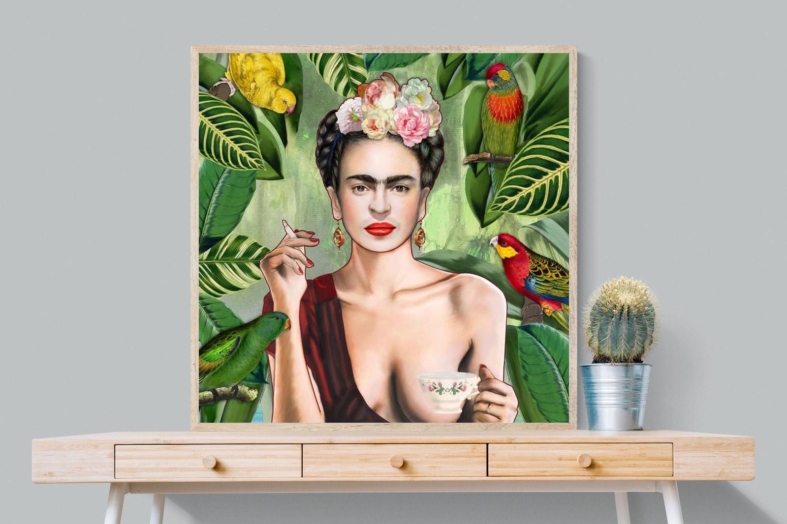 Kahlo Tea & Parrots-Wall_Art-100 x 100cm-Mounted Canvas-Wood-Pixalot