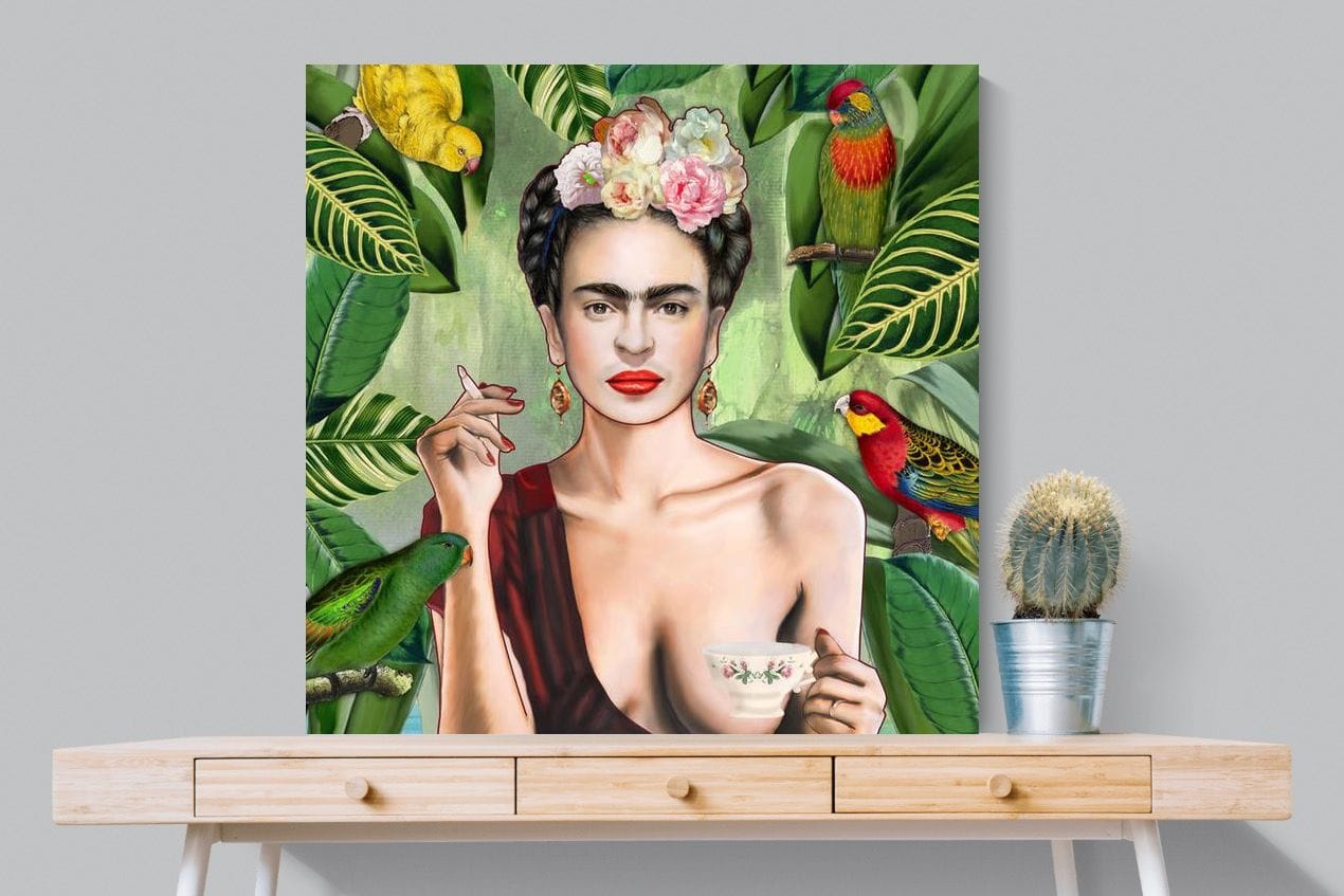 Kahlo Tea & Parrots-Wall_Art-100 x 100cm-Mounted Canvas-No Frame-Pixalot