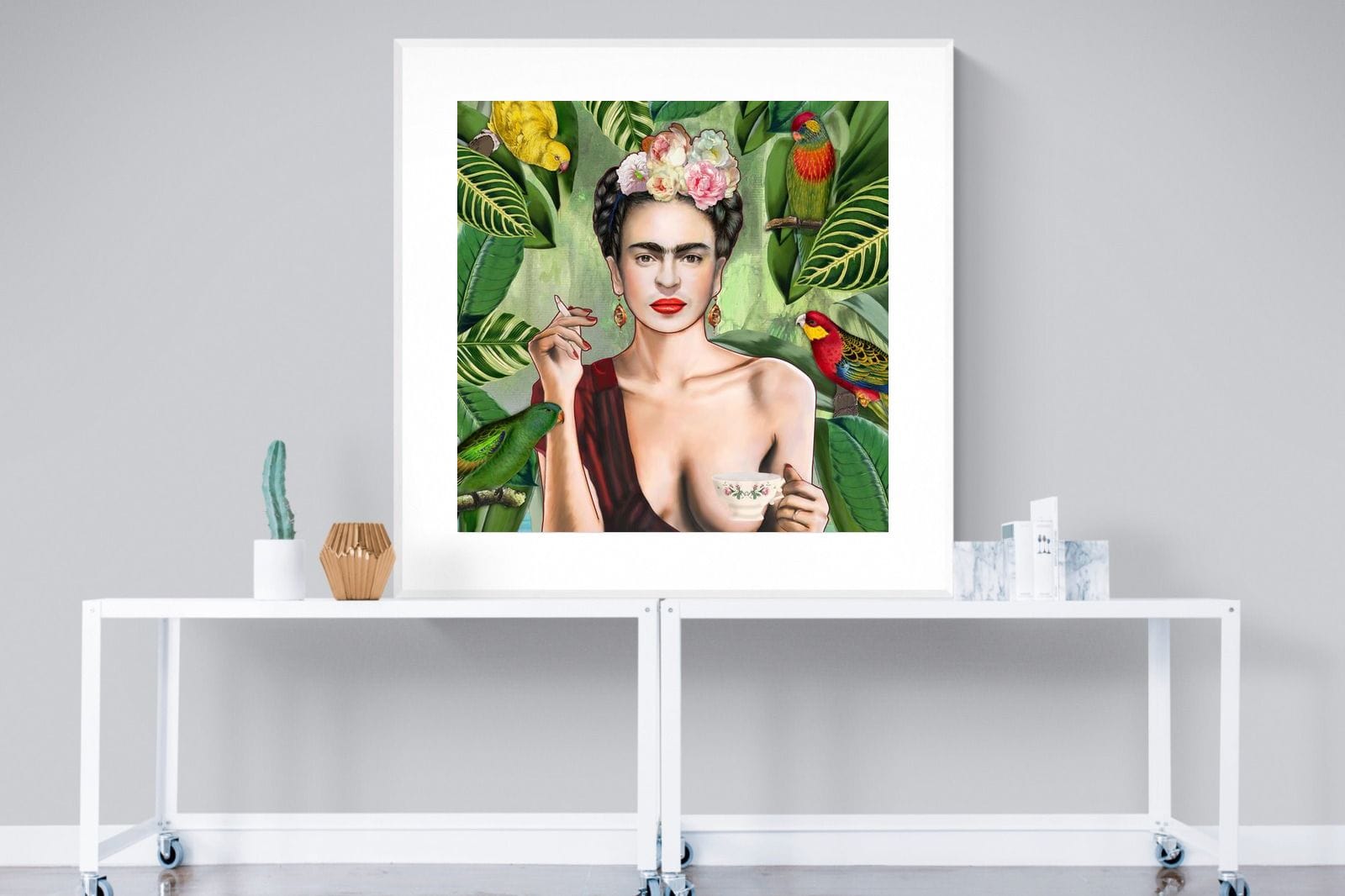 Kahlo Tea & Parrots-Wall_Art-120 x 120cm-Framed Print-White-Pixalot
