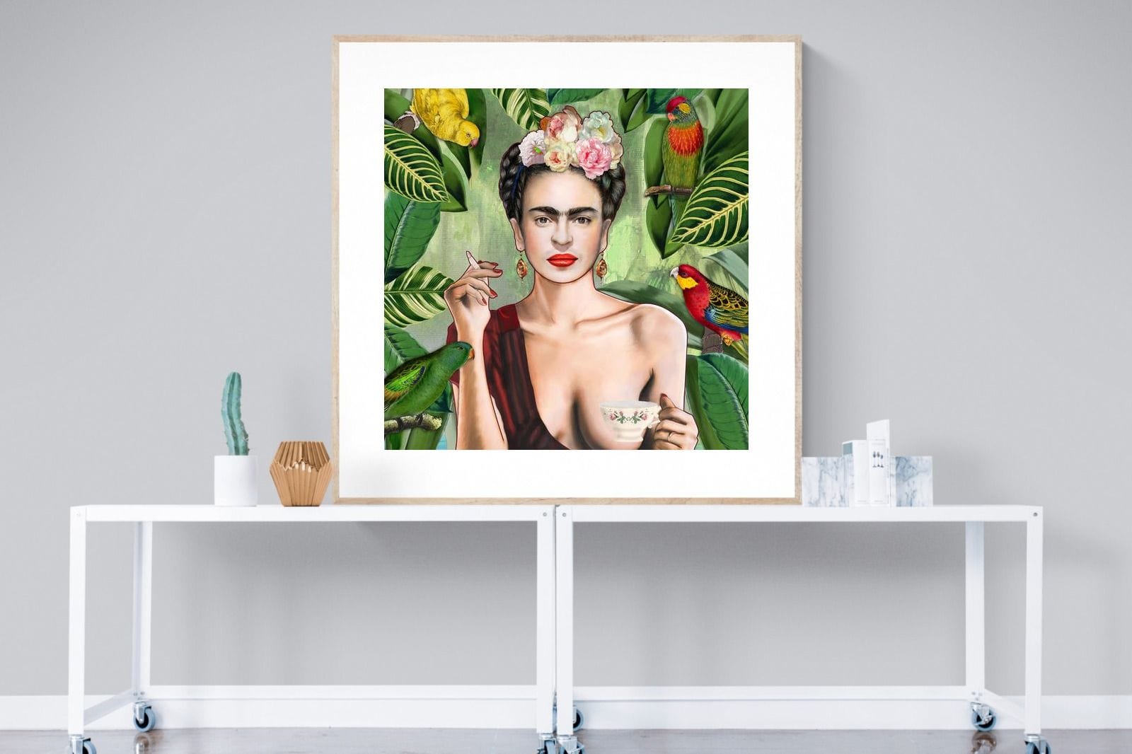 Kahlo Tea & Parrots-Wall_Art-120 x 120cm-Framed Print-Wood-Pixalot