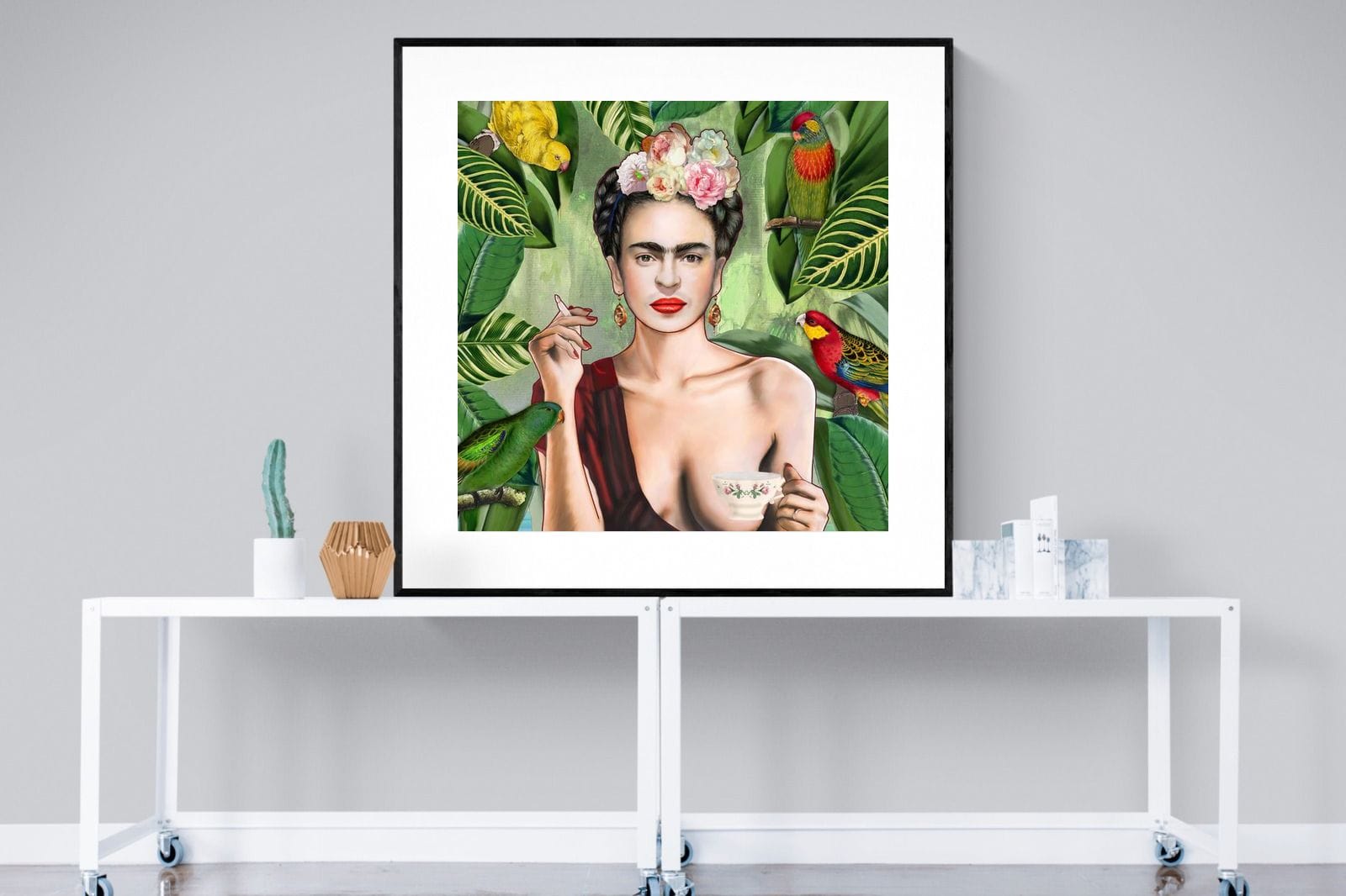 Kahlo Tea & Parrots-Wall_Art-120 x 120cm-Framed Print-Black-Pixalot