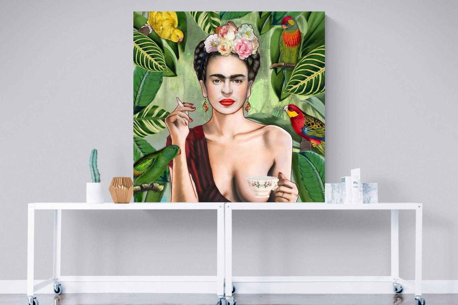 Kahlo Tea & Parrots-Wall_Art-120 x 120cm-Mounted Canvas-No Frame-Pixalot