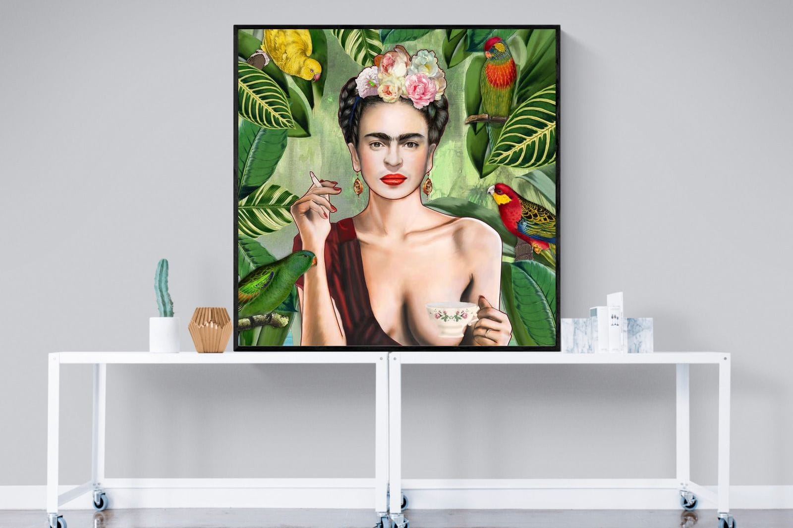 Kahlo Tea & Parrots-Wall_Art-120 x 120cm-Mounted Canvas-Black-Pixalot