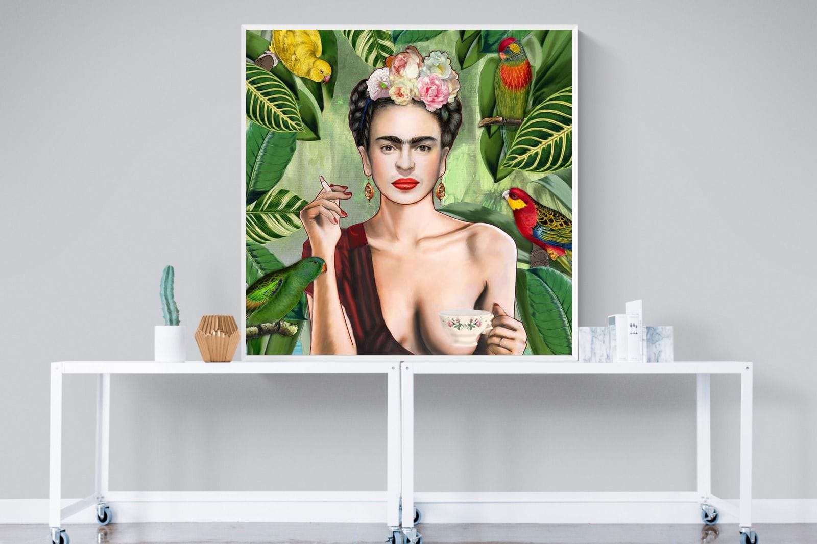 Kahlo Tea & Parrots-Wall_Art-120 x 120cm-Mounted Canvas-White-Pixalot