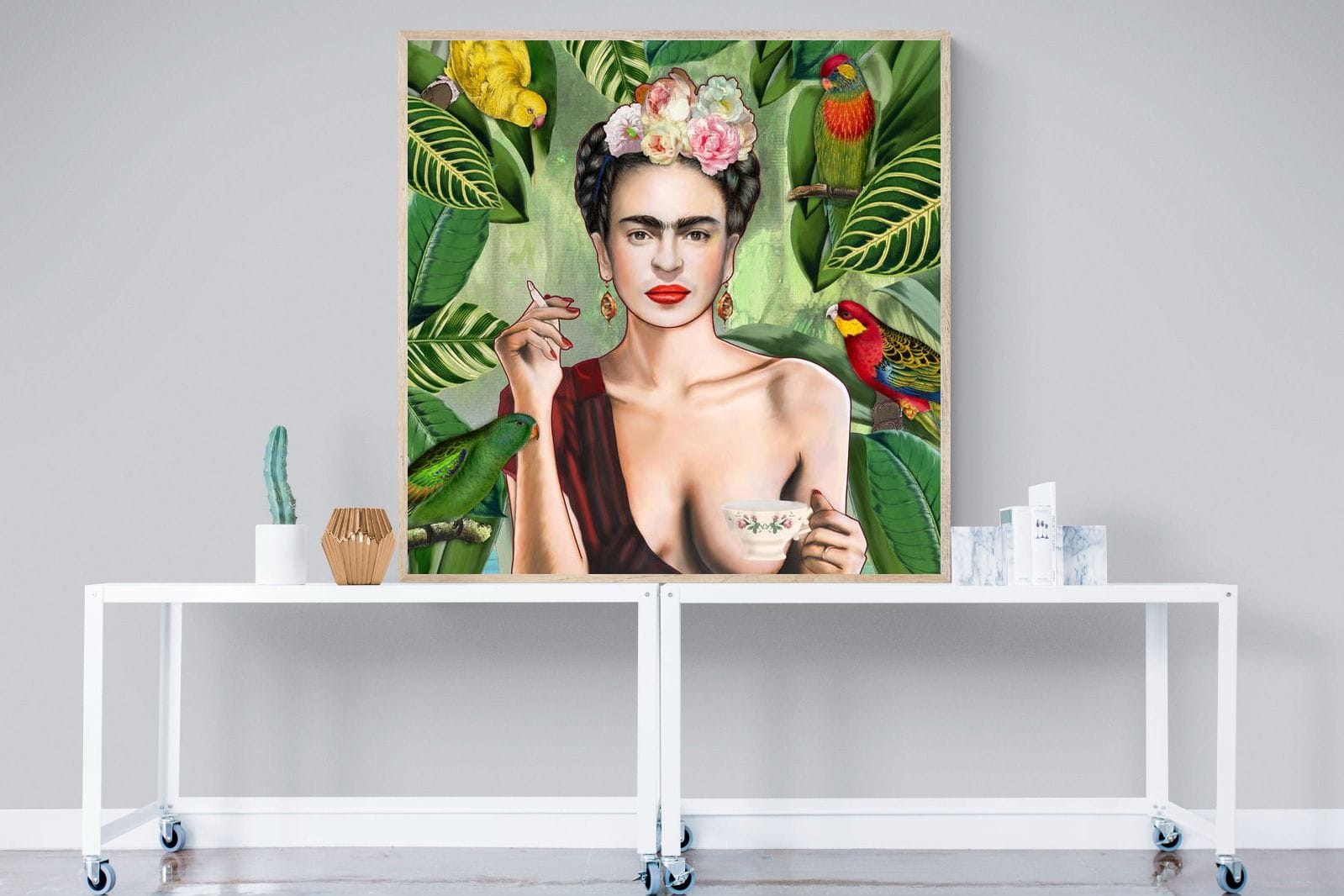 Kahlo Tea & Parrots-Wall_Art-120 x 120cm-Mounted Canvas-Wood-Pixalot