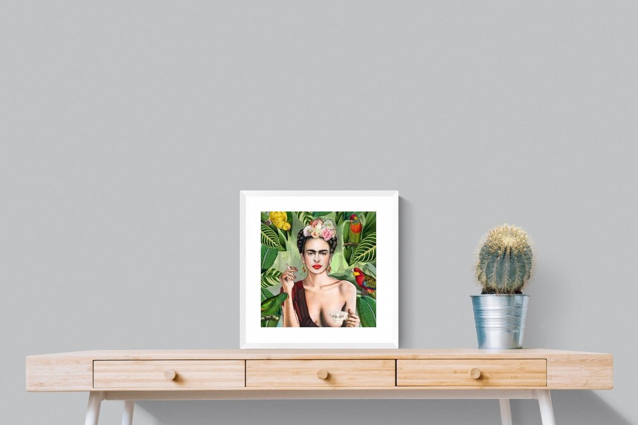 Kahlo Tea & Parrots-Wall_Art-50 x 50cm-Framed Print-White-Pixalot