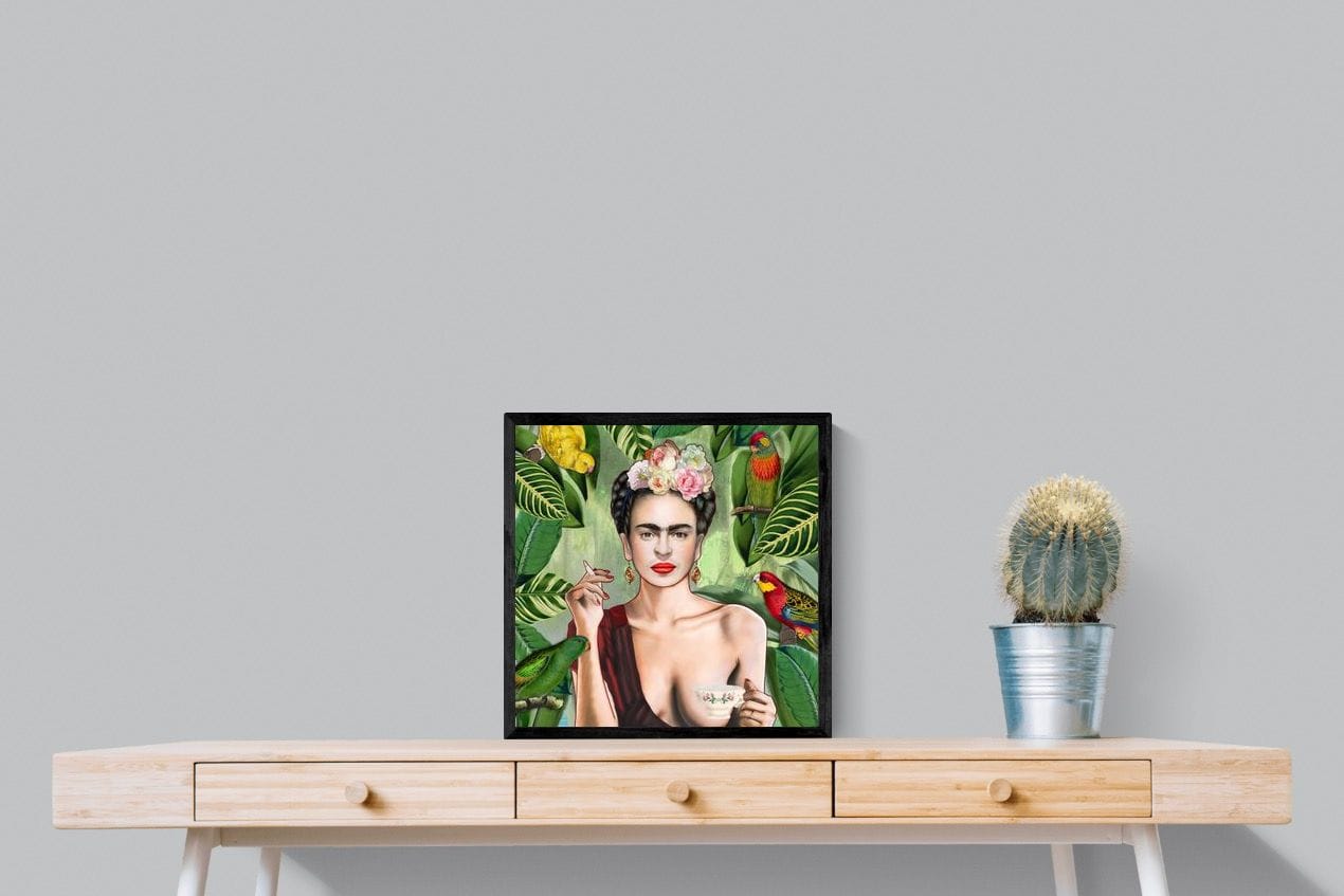 Kahlo Tea & Parrots-Wall_Art-50 x 50cm-Mounted Canvas-Black-Pixalot