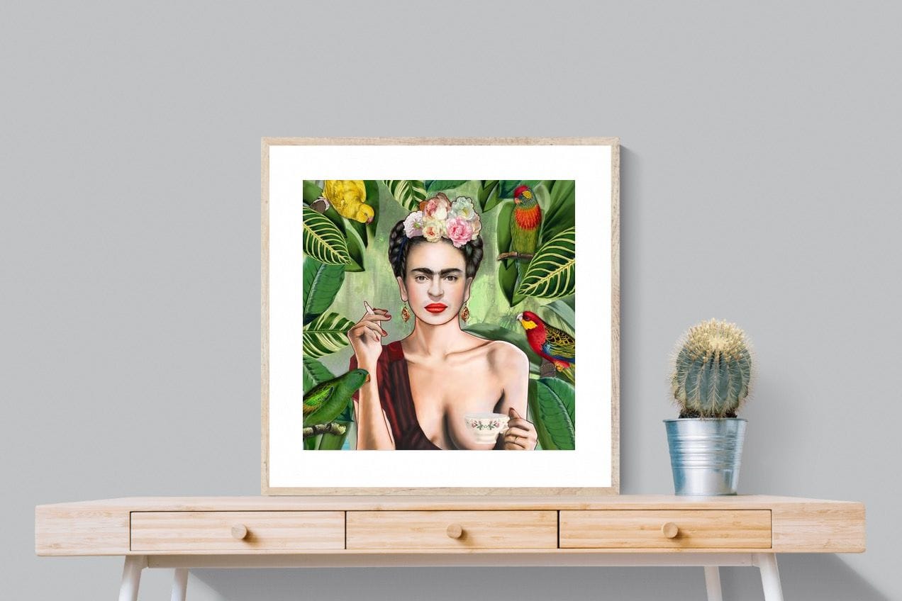 Kahlo Tea & Parrots-Wall_Art-80 x 80cm-Framed Print-Wood-Pixalot