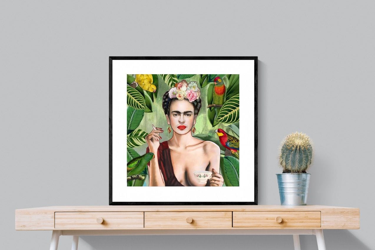 Kahlo Tea & Parrots-Wall_Art-80 x 80cm-Framed Print-Black-Pixalot