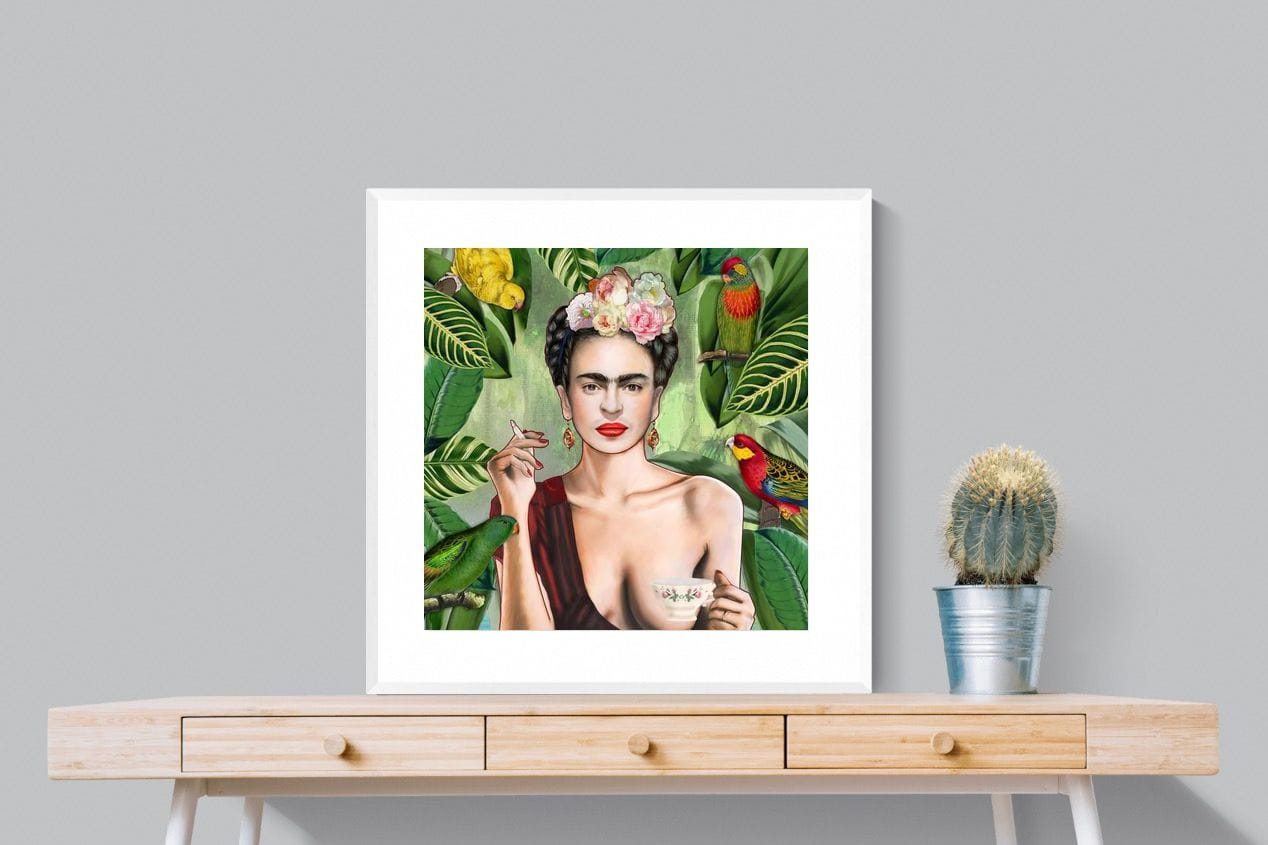 Kahlo Tea & Parrots-Wall_Art-80 x 80cm-Framed Print-White-Pixalot