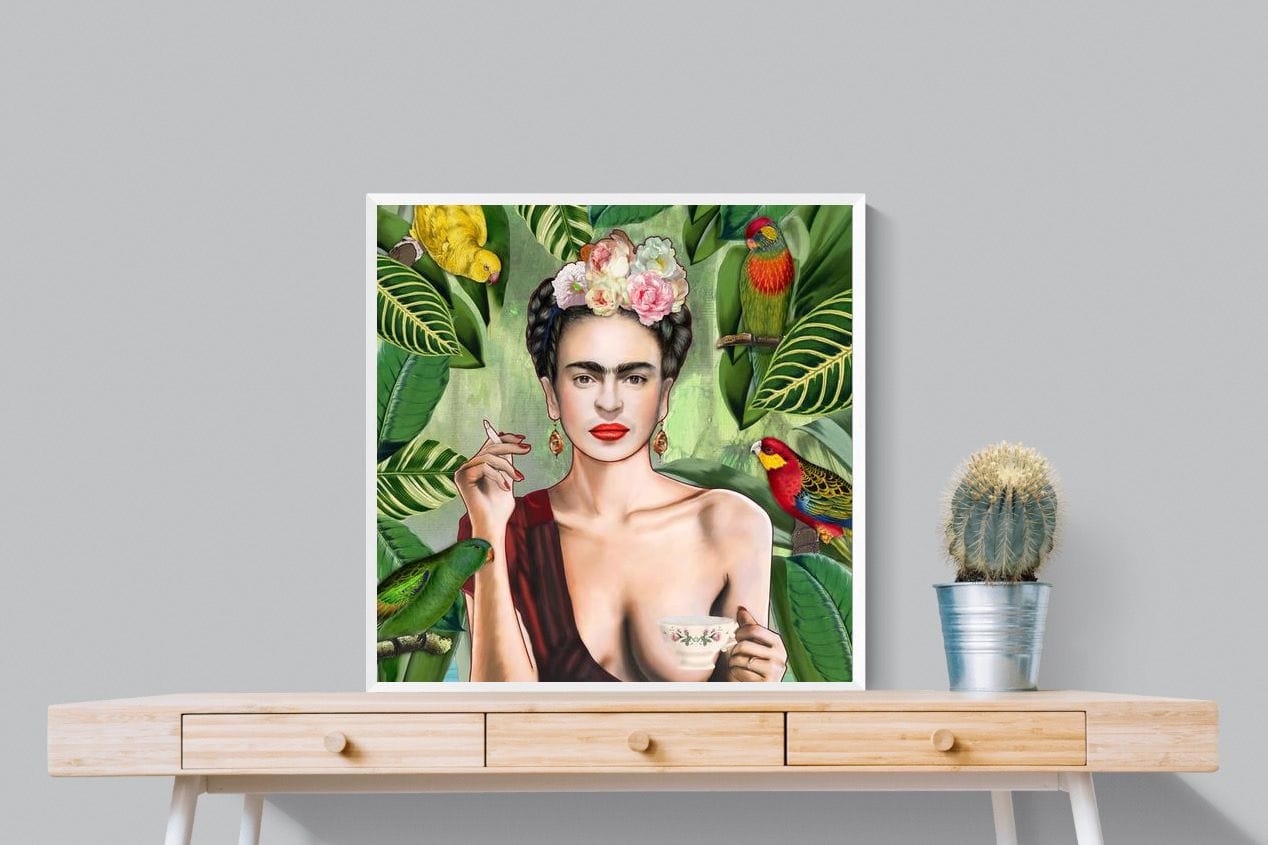 Kahlo Tea & Parrots-Wall_Art-80 x 80cm-Mounted Canvas-White-Pixalot