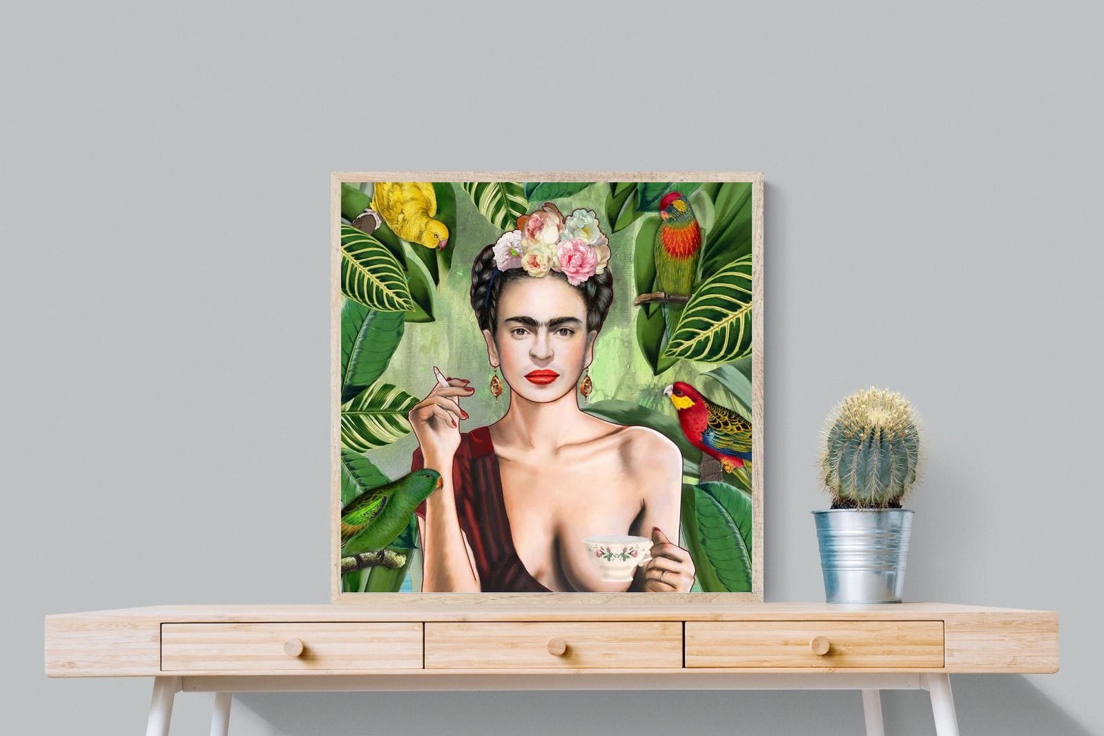 Kahlo Tea & Parrots-Wall_Art-80 x 80cm-Mounted Canvas-Wood-Pixalot