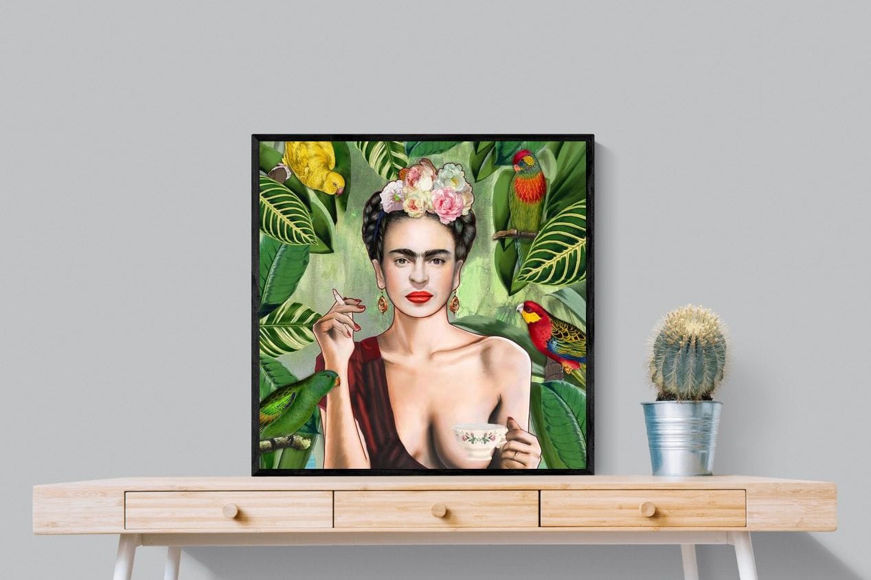 Kahlo Tea & Parrots-Wall_Art-80 x 80cm-Mounted Canvas-Black-Pixalot