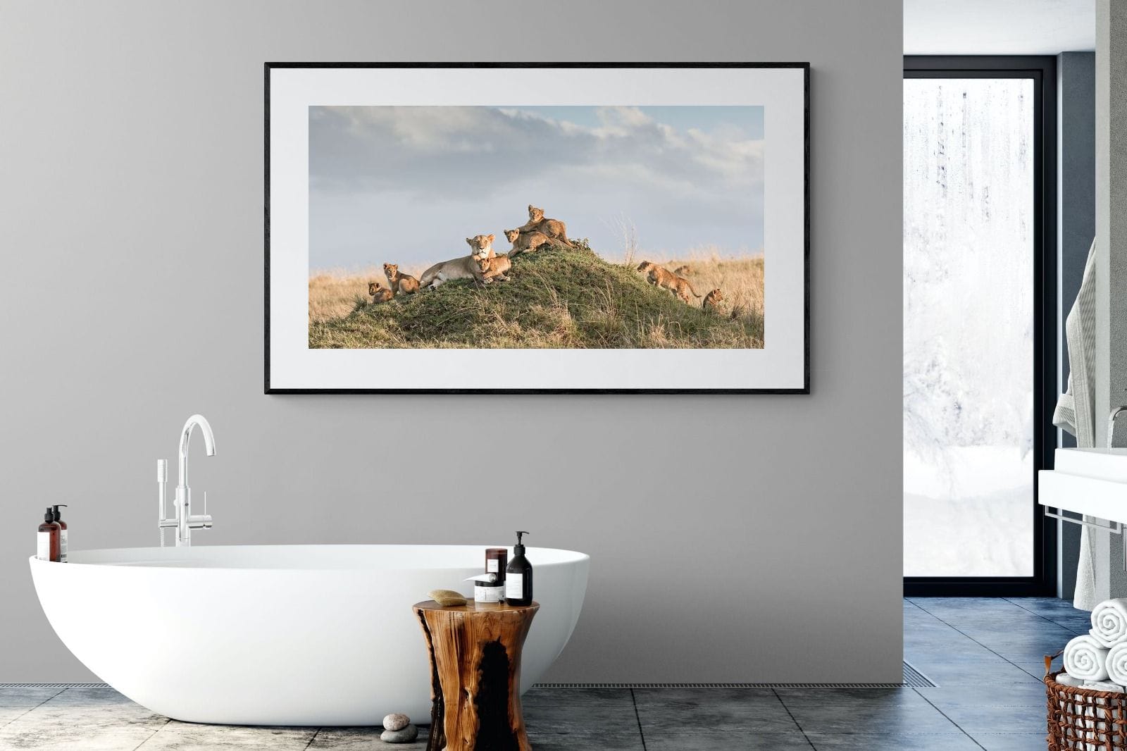 Lion Crèche-Wall_Art-180 x 110cm-Framed Print-Black-Pixalot