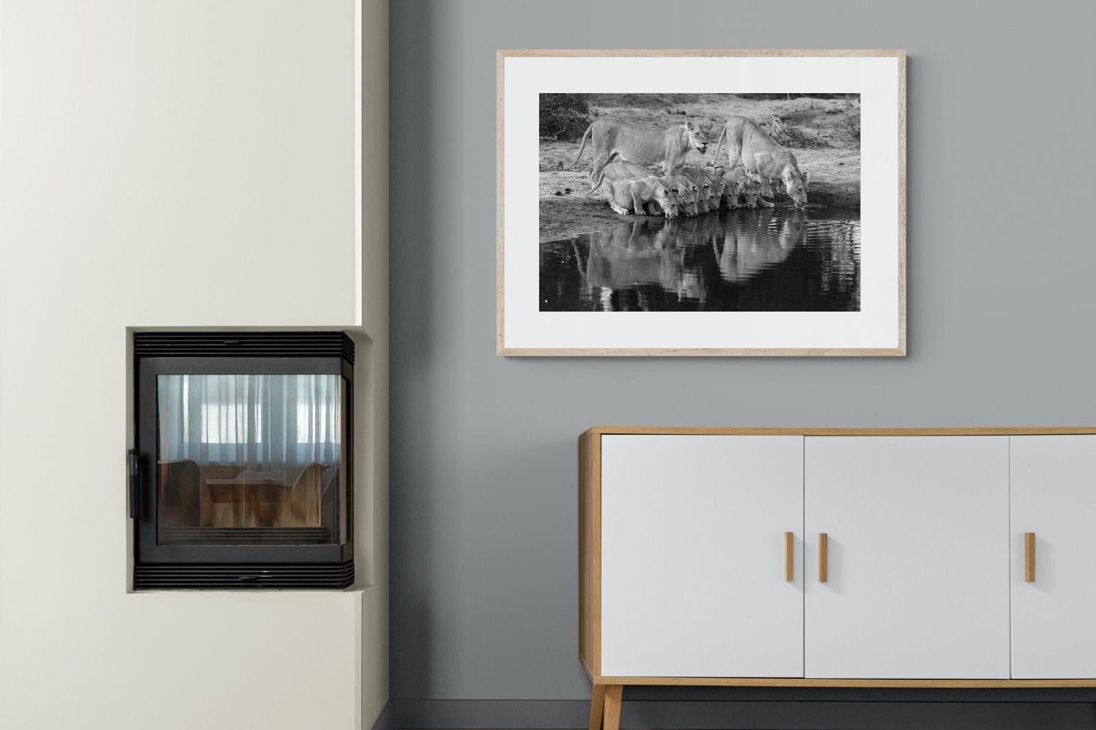 Lion Lake Family-Wall_Art-100 x 75cm-Framed Print-Wood-Pixalot
