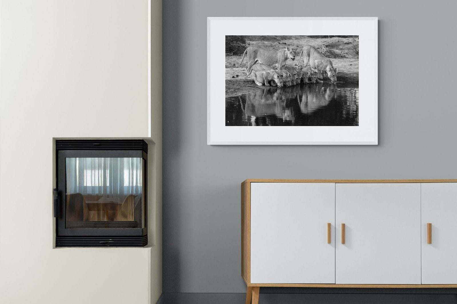 Lion Lake Family-Wall_Art-100 x 75cm-Framed Print-White-Pixalot