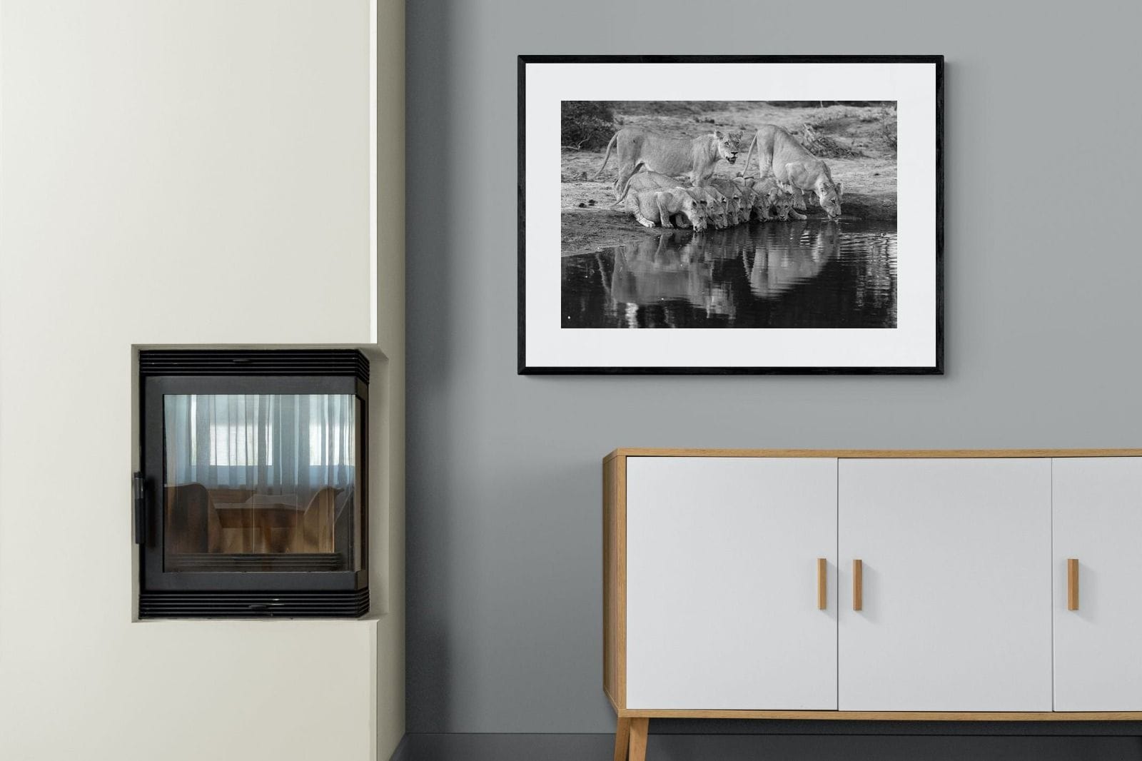 Lion Lake Family-Wall_Art-100 x 75cm-Framed Print-Black-Pixalot