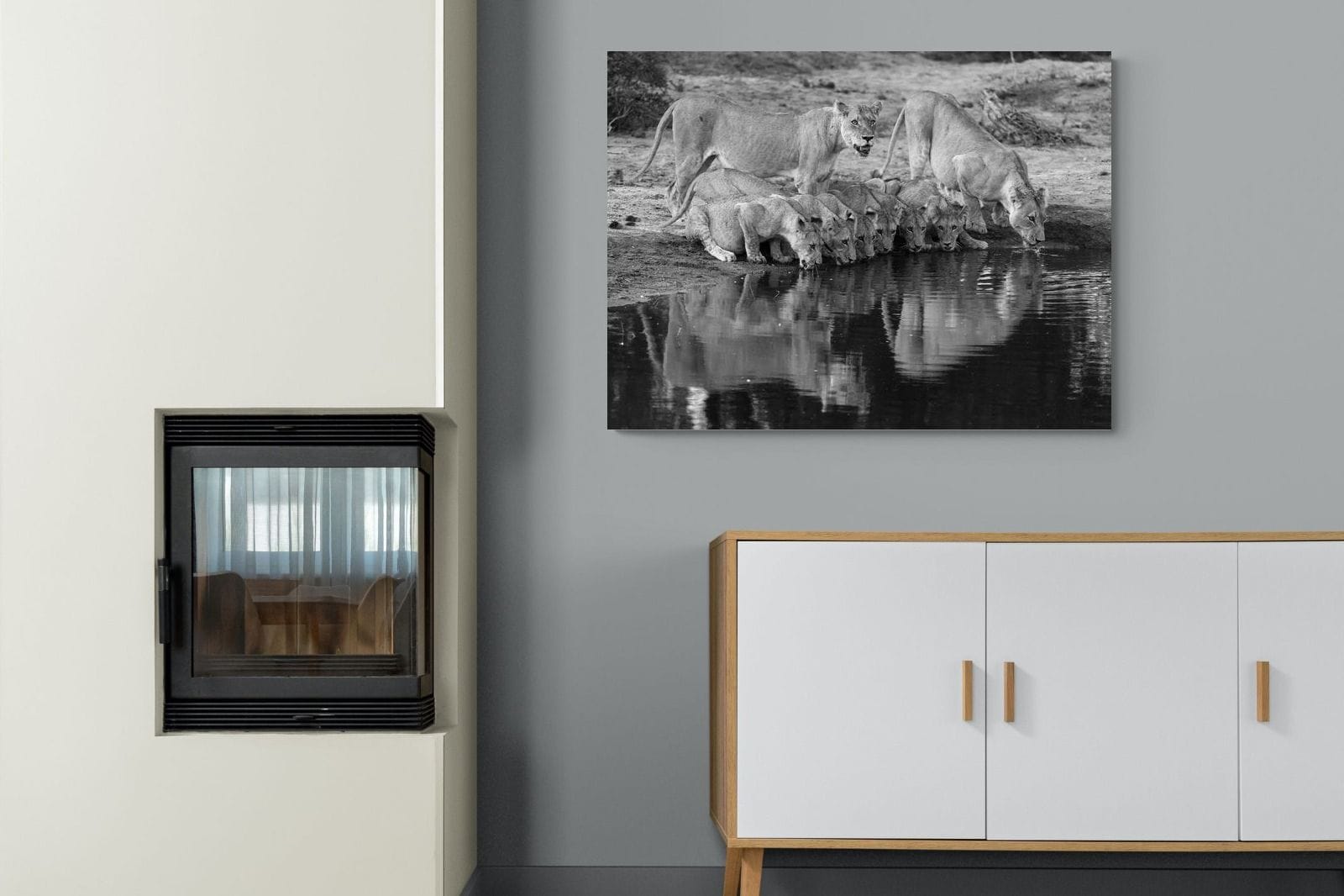 Lion Lake Family-Wall_Art-100 x 75cm-Mounted Canvas-No Frame-Pixalot