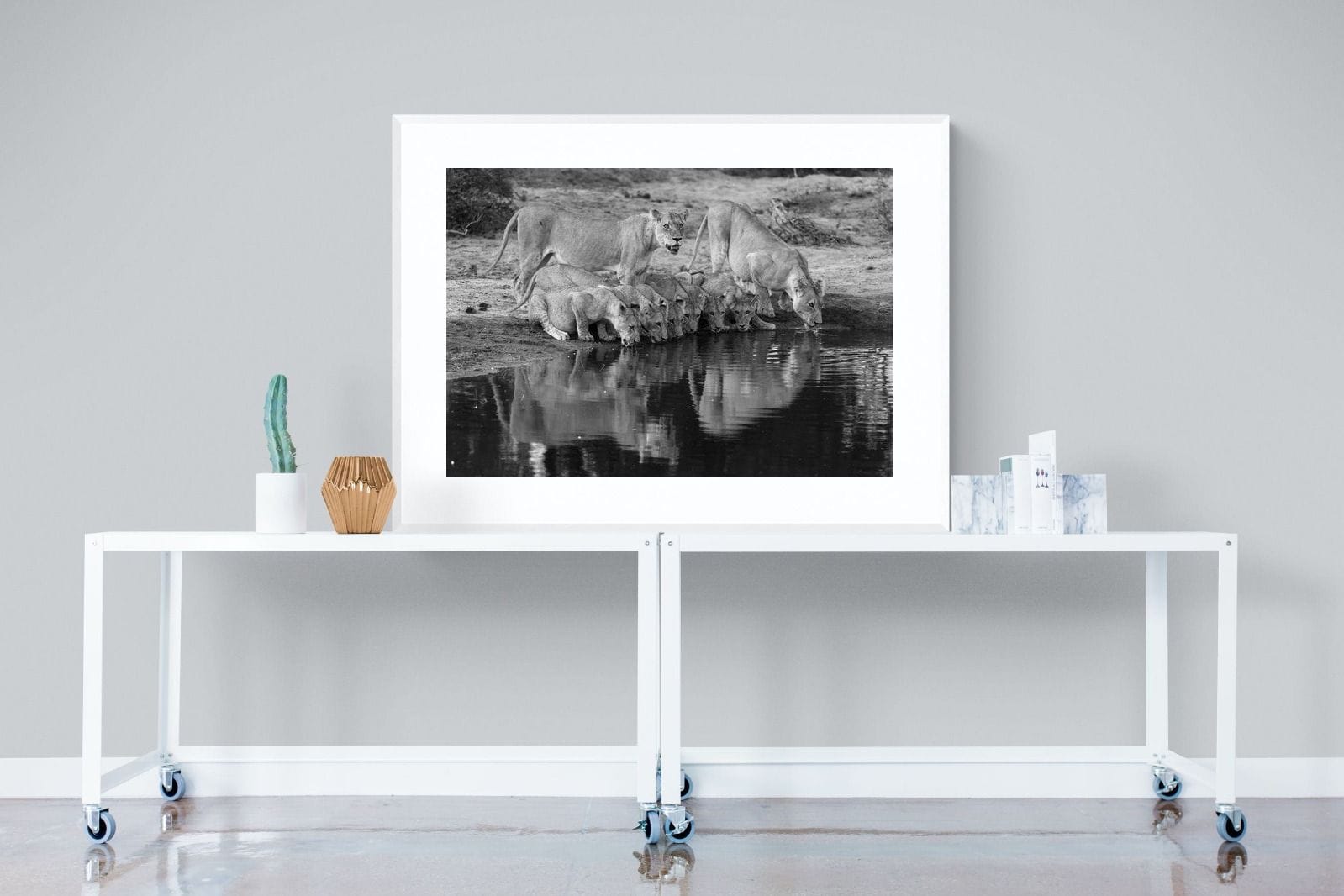 Lion Lake Family-Wall_Art-120 x 90cm-Framed Print-White-Pixalot