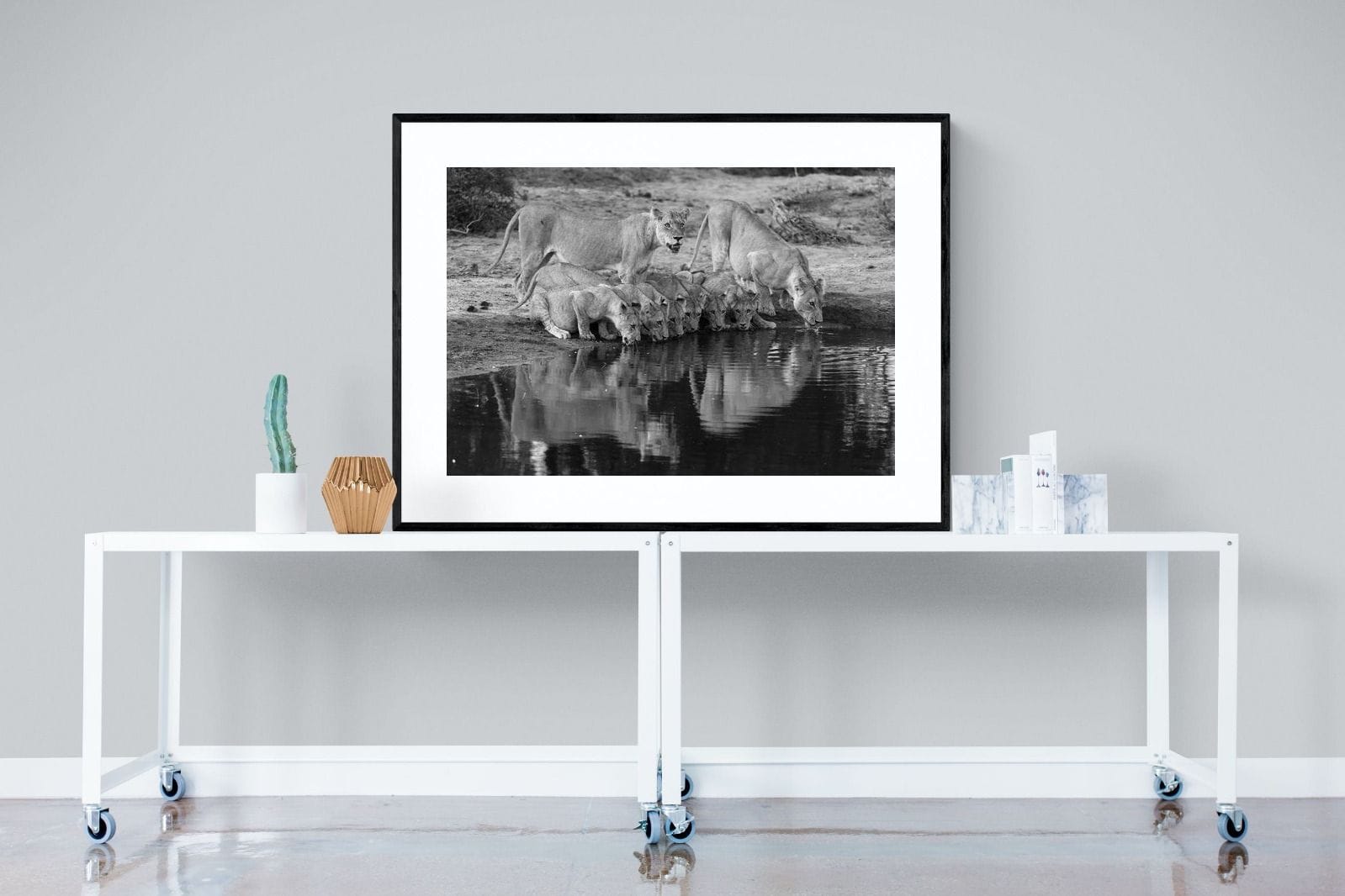 Lion Lake Family-Wall_Art-120 x 90cm-Framed Print-Black-Pixalot