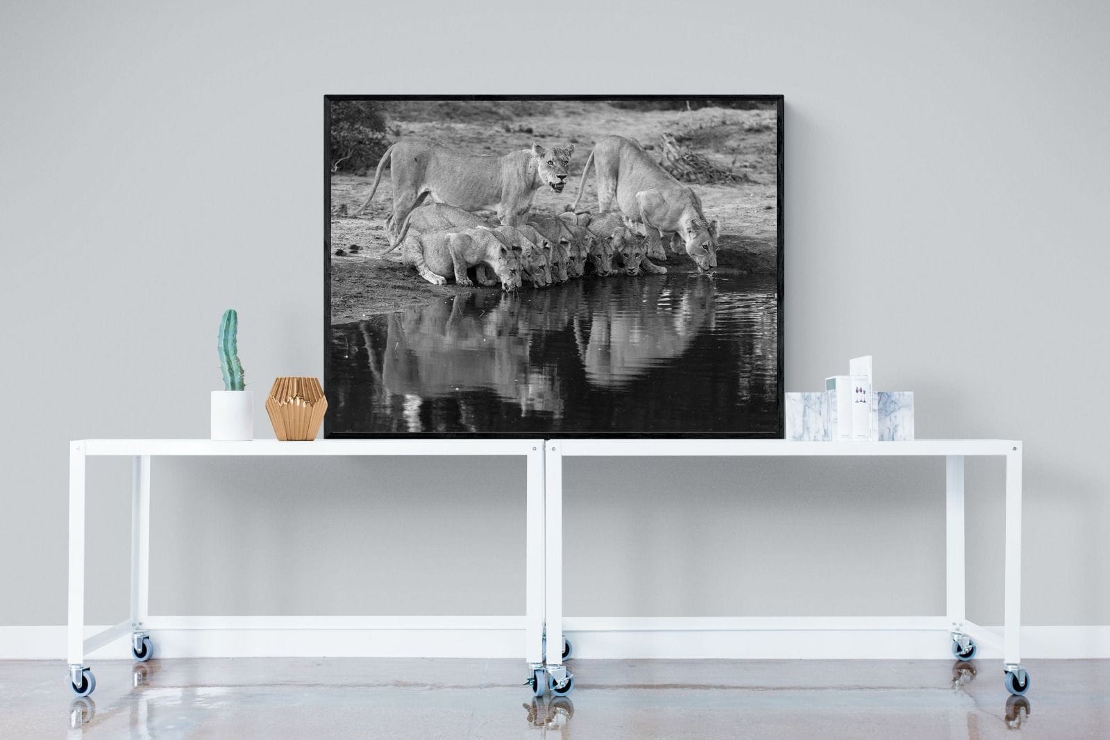 Lion Lake Family-Wall_Art-120 x 90cm-Mounted Canvas-Black-Pixalot