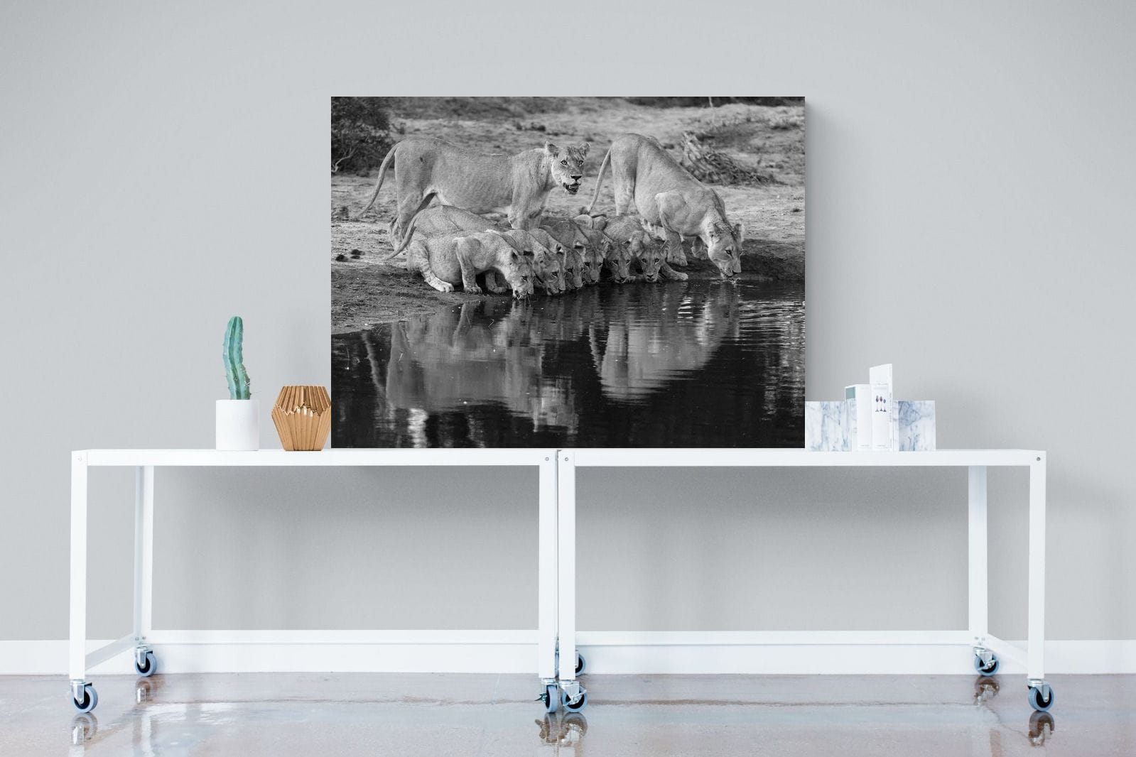 Lion Lake Family-Wall_Art-120 x 90cm-Mounted Canvas-No Frame-Pixalot