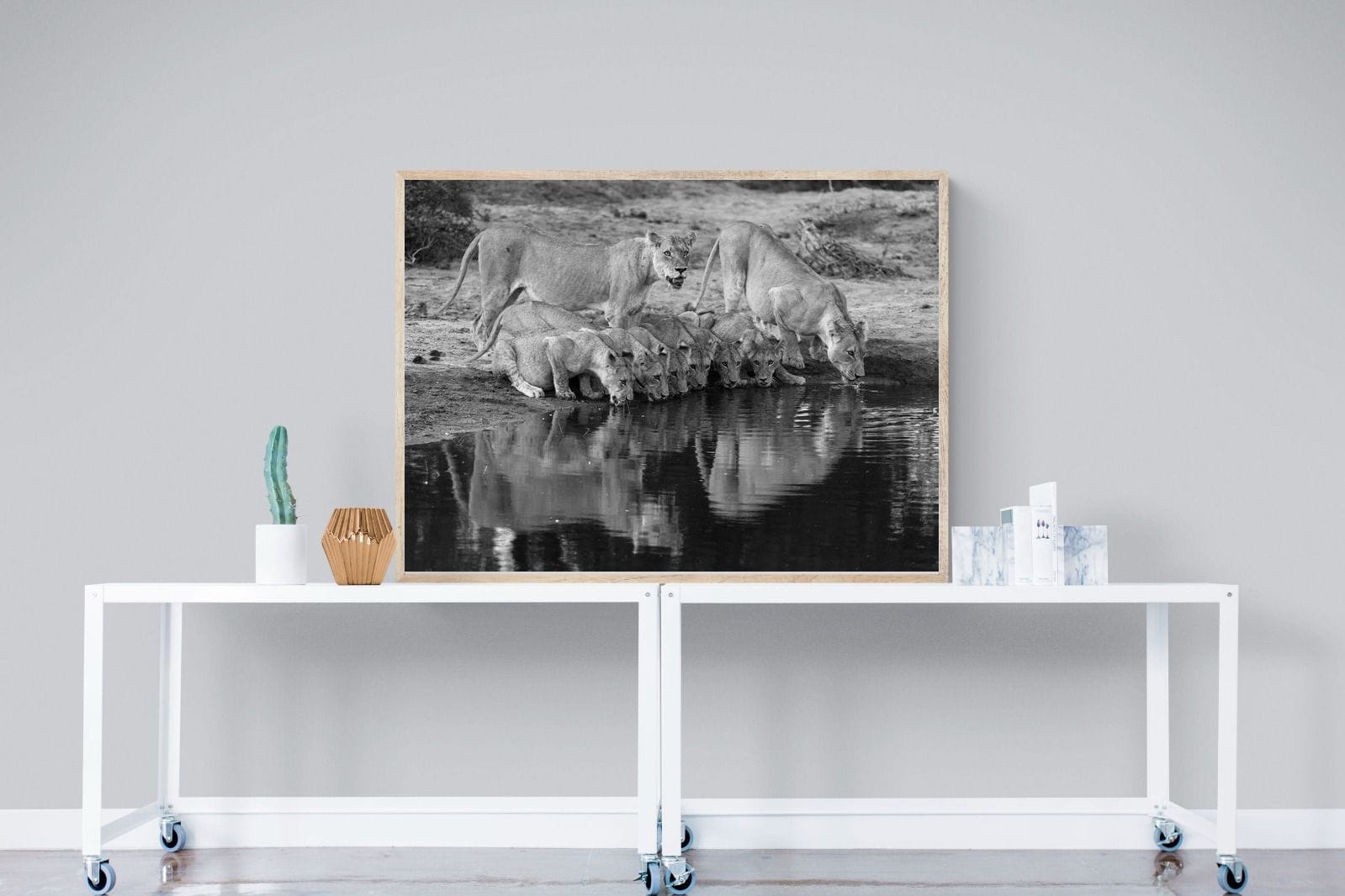 Lion Lake Family-Wall_Art-120 x 90cm-Mounted Canvas-Wood-Pixalot