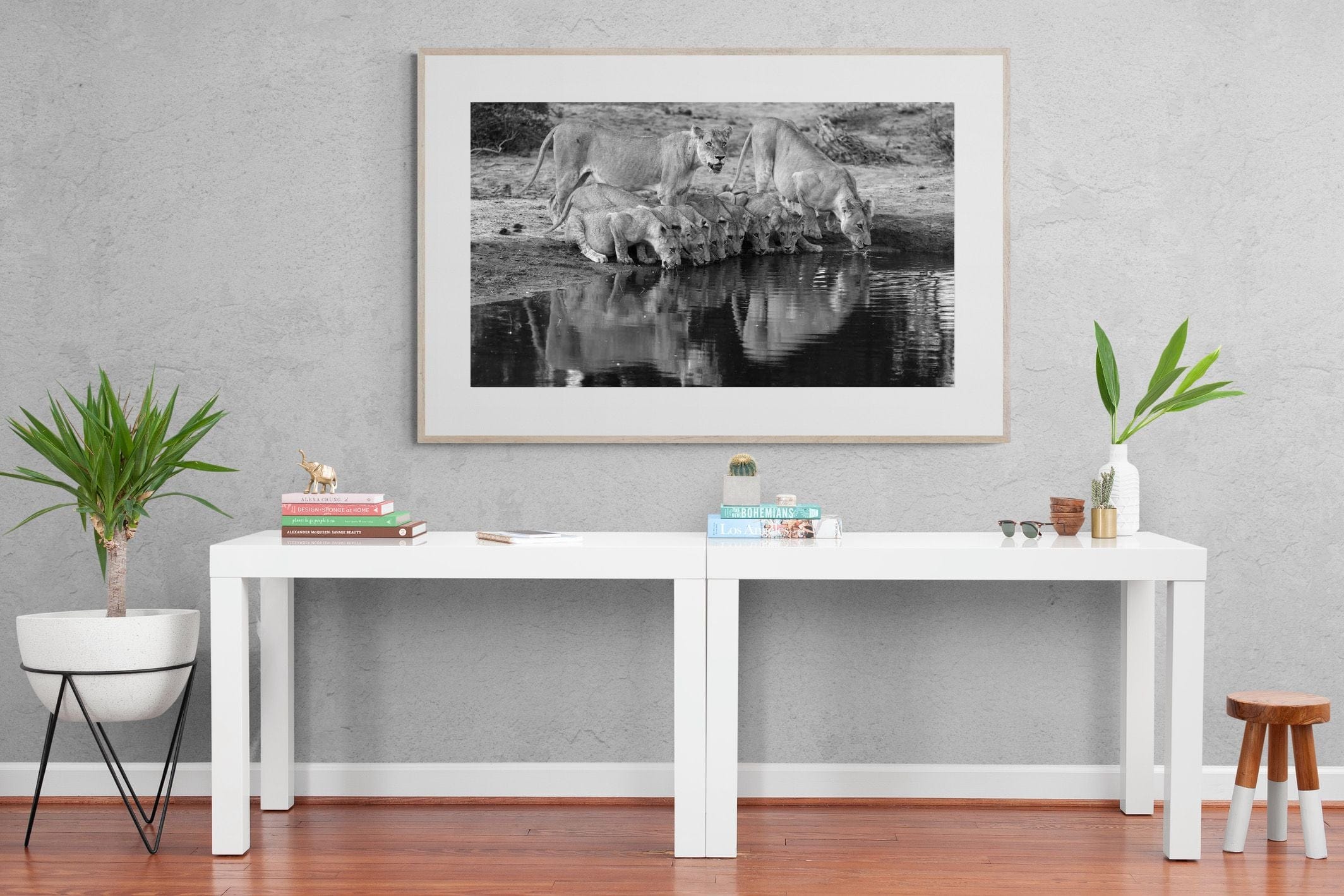 Lion Lake Family-Wall_Art-150 x 100cm-Framed Print-Wood-Pixalot